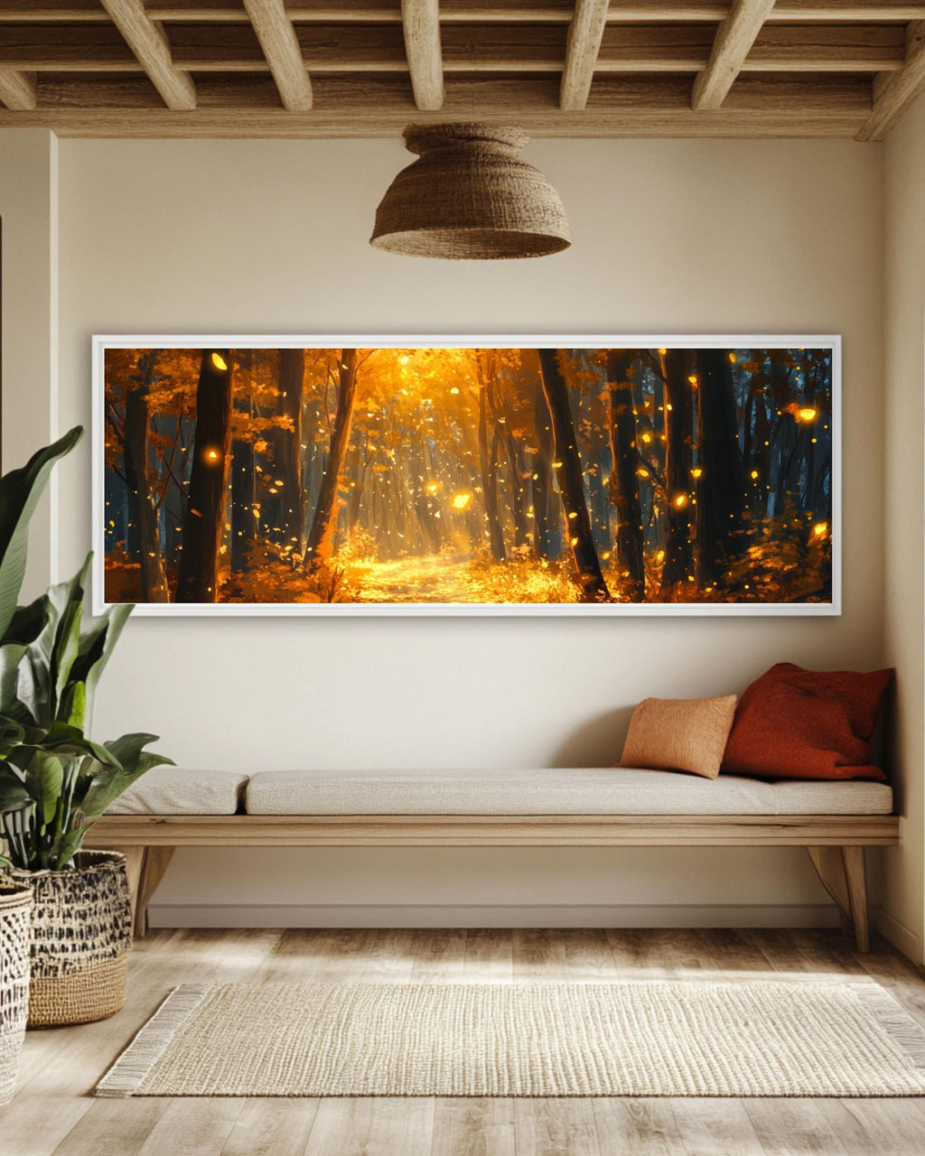 Autumn Forest Road Canvas Art: Fireflies, Golden Fall Landscape Canvas Wall Art Print – Premium Home Decor