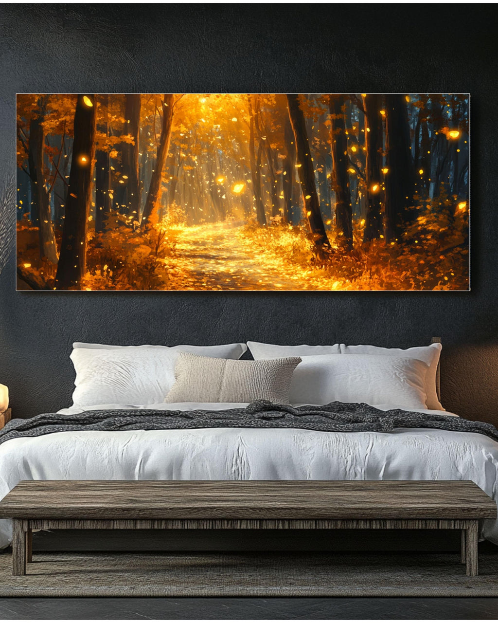 Autumn Forest Road Canvas Art: Fireflies, Golden Fall Landscape Canvas Wall Art Print – Premium Home Decor