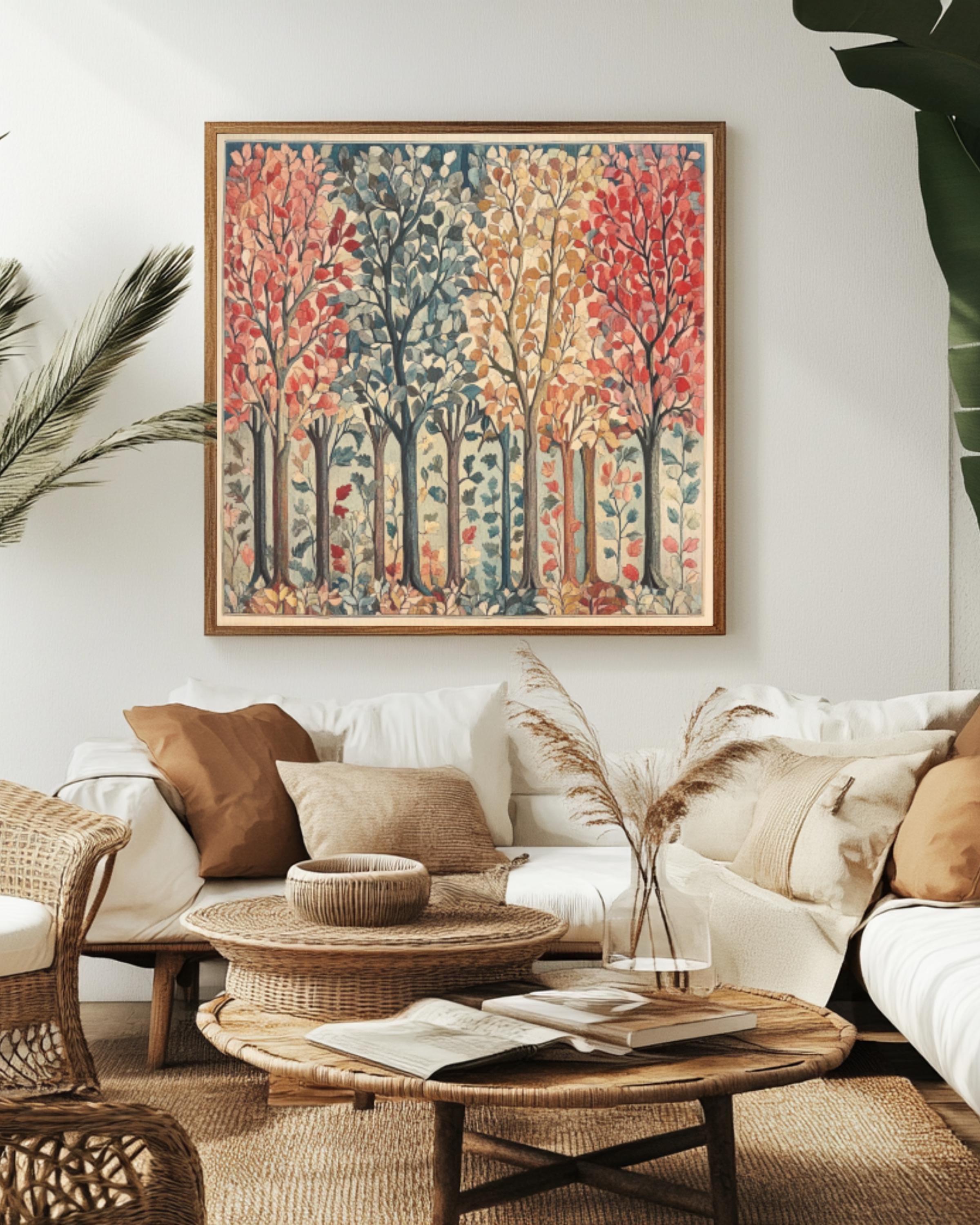 Tapestry Forest Print: Colorful Autumn Leaves, Vintage Home Decor Canvas Wall Art Print – Premium Home Decor
