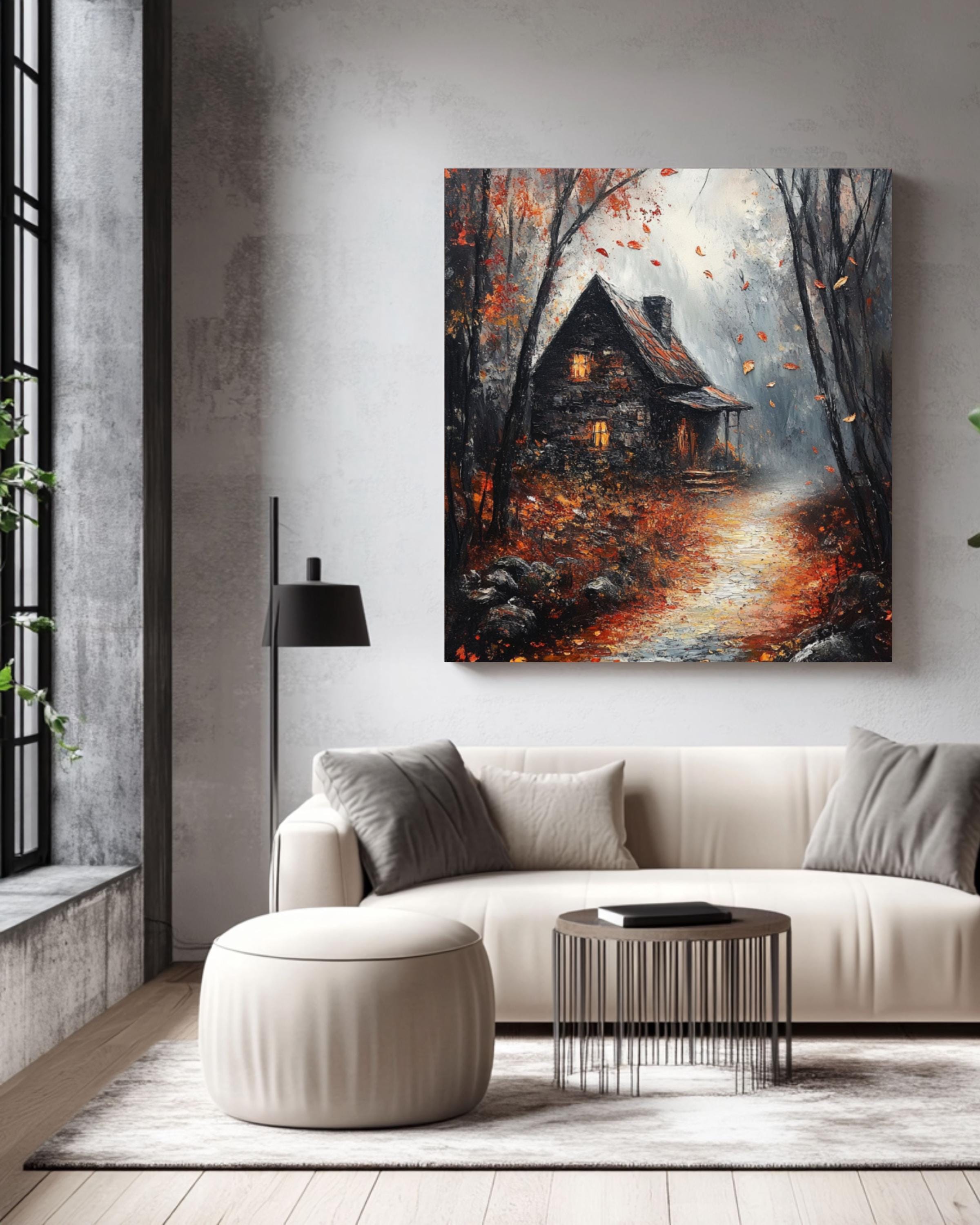Gothic Autumn Cottage Print: Dark Academia Haunted Fall Scene Canvas Wall Art Print – Premium Home Decor