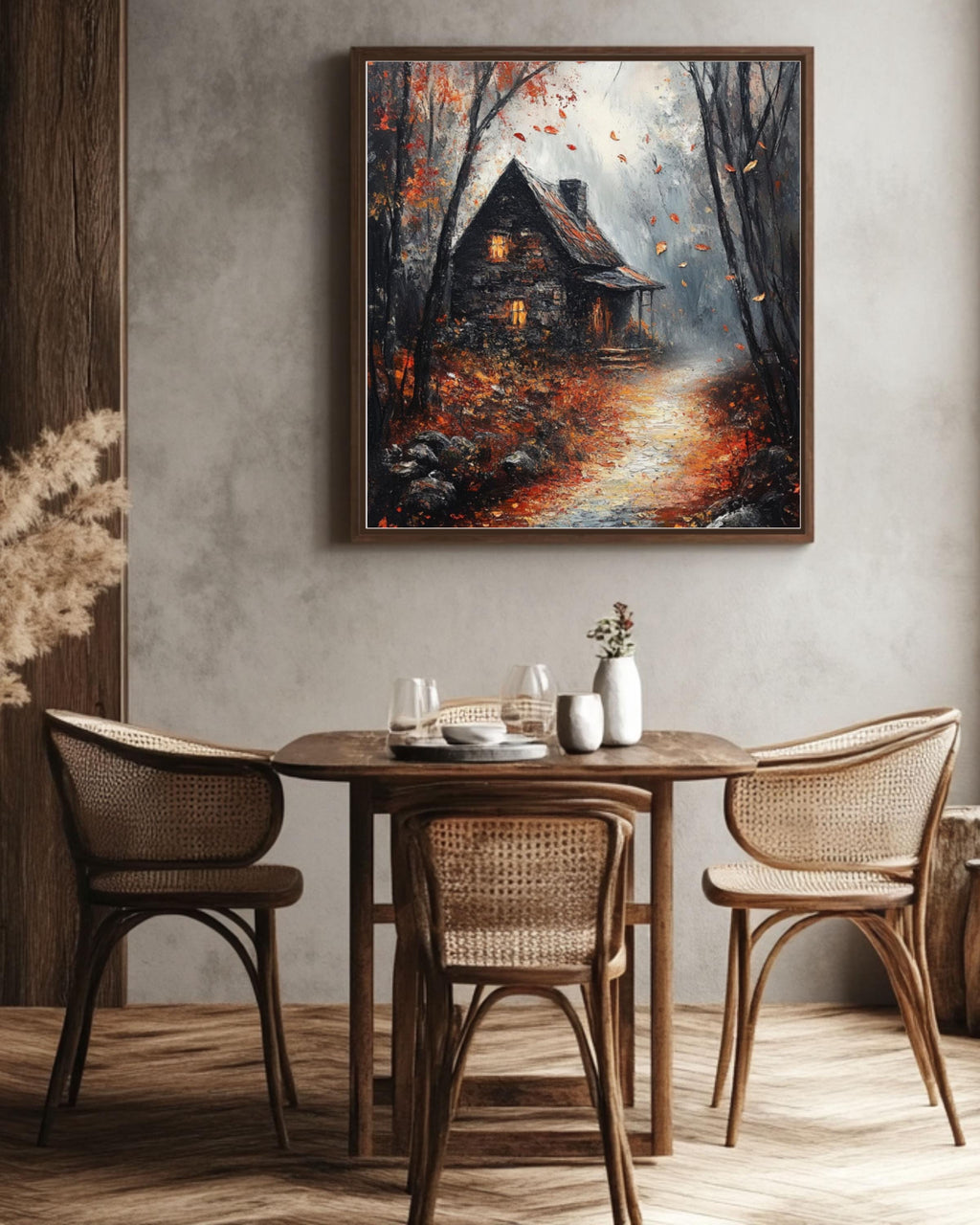 Gothic Autumn Cottage Print: Dark Academia Haunted Fall Scene Canvas Wall Art Print – Premium Home Decor
