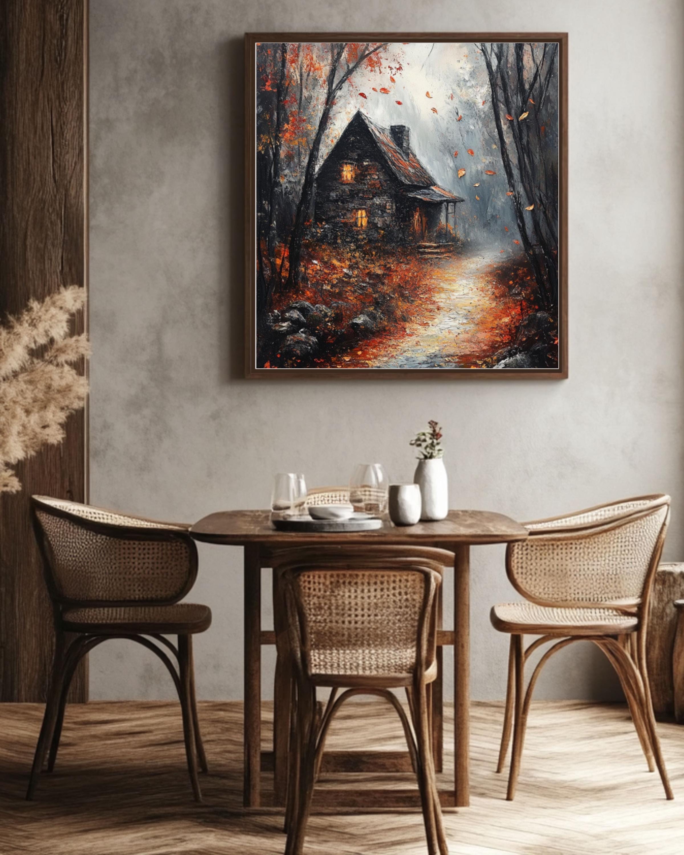 Gothic Autumn Cottage Print: Dark Academia Haunted Fall Scene Canvas Wall Art Print – Premium Home Decor