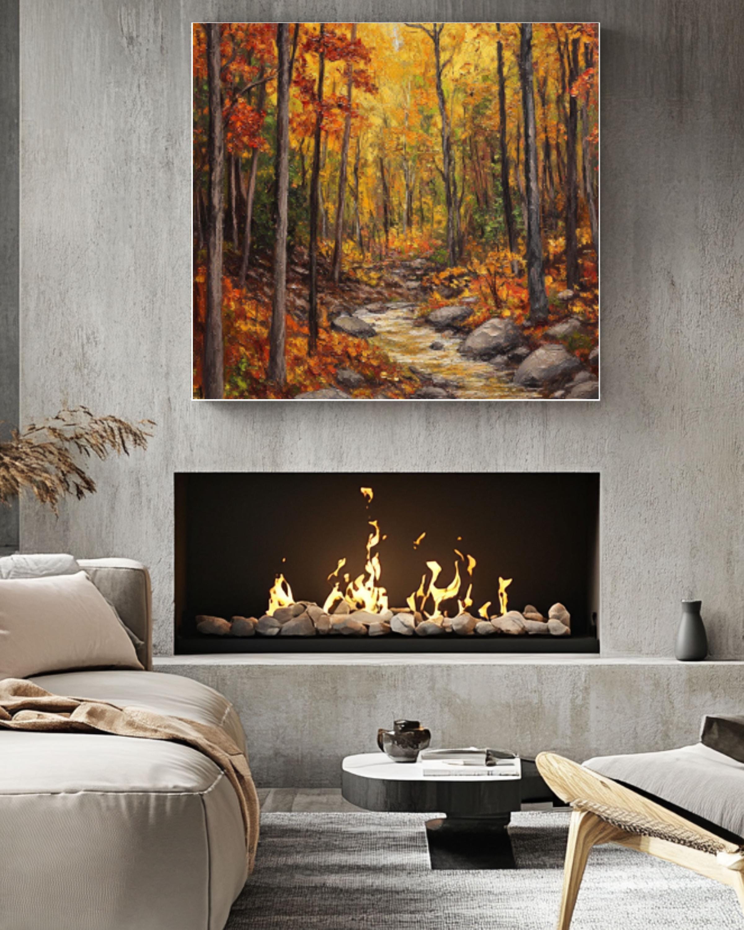 Autumn Forest Stream Oil Painting: Rustic Fall Landscape Art Canvas Wall Art Print – Premium Home Decor