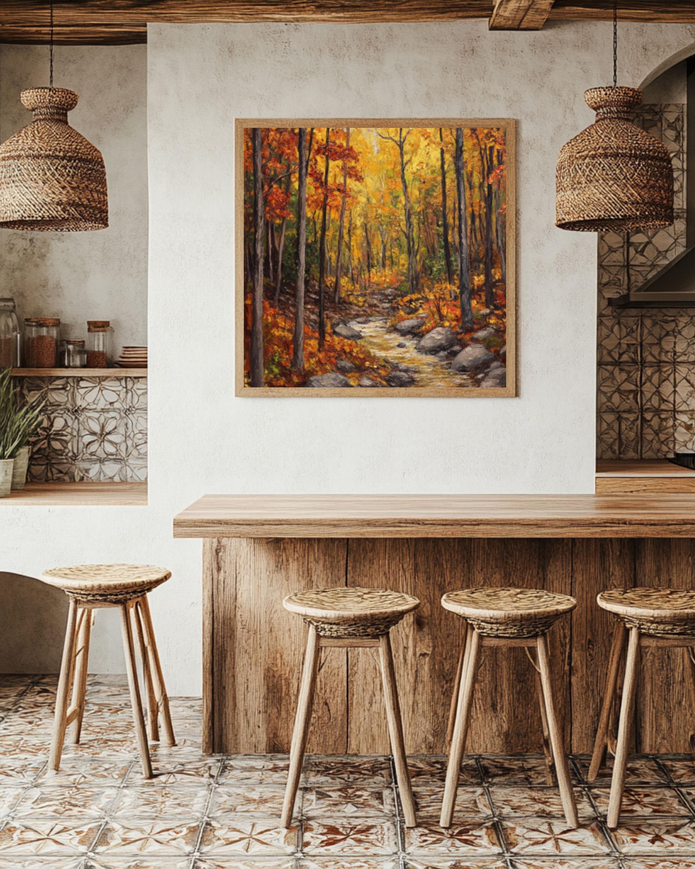 Autumn Forest Stream Oil Painting: Rustic Fall Landscape Art Canvas Wall Art Print – Premium Home Decor