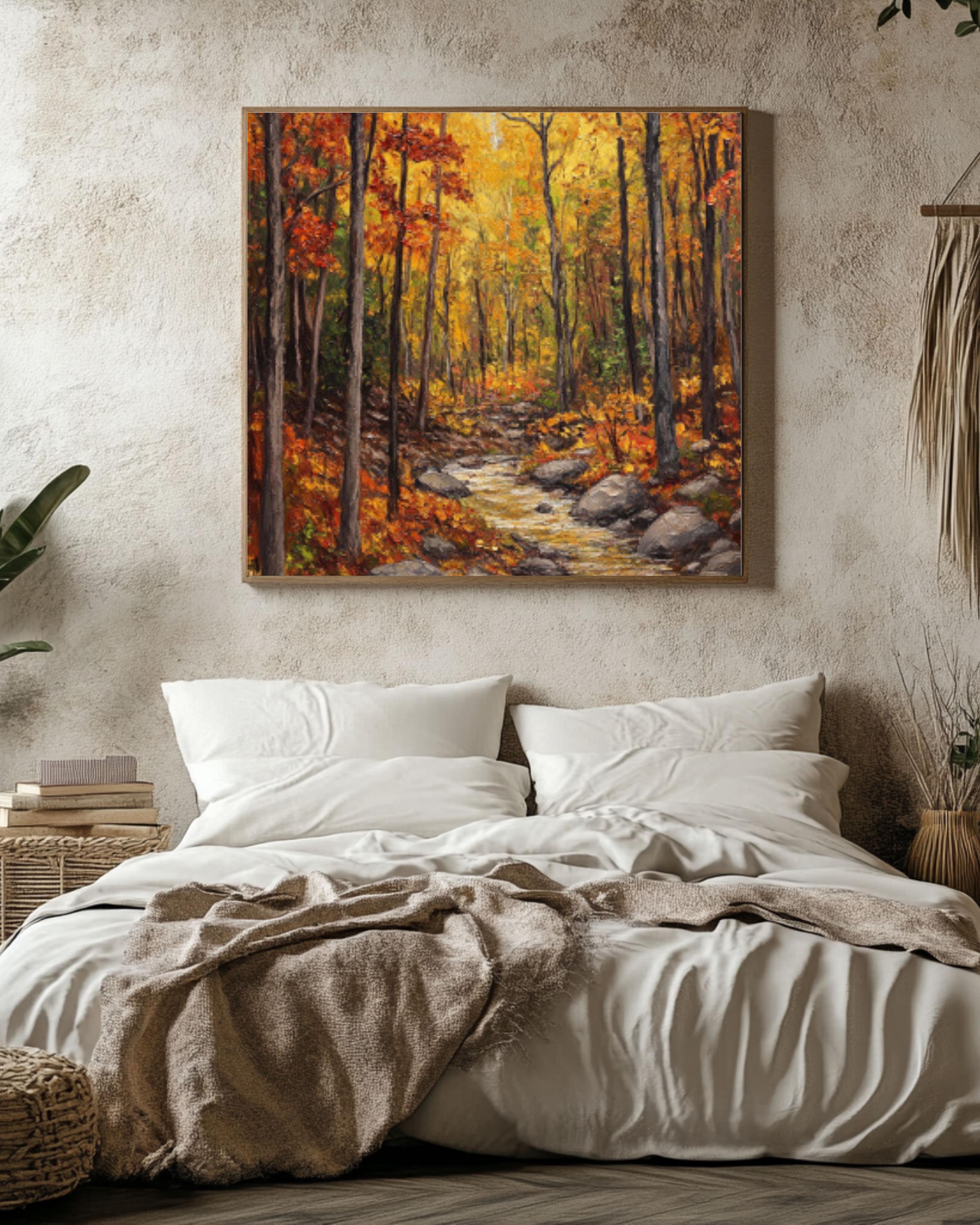 Autumn Forest Stream Oil Painting: Rustic Fall Landscape Art Canvas Wall Art Print – Premium Home Decor