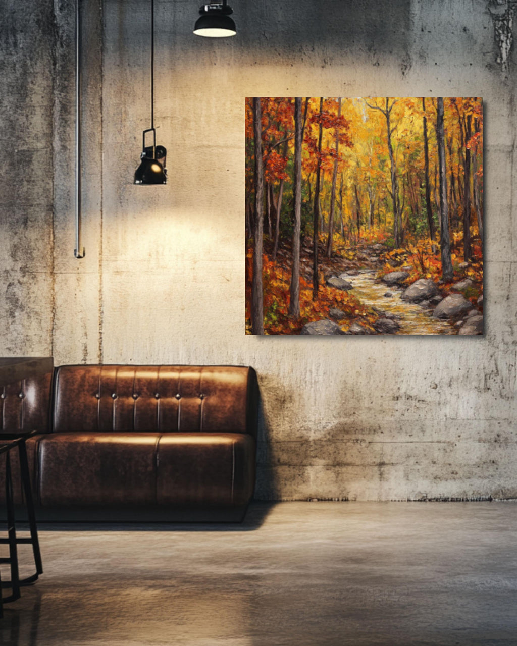 Autumn Forest Stream Oil Painting: Rustic Fall Landscape Art Canvas Wall Art Print – Premium Home Decor