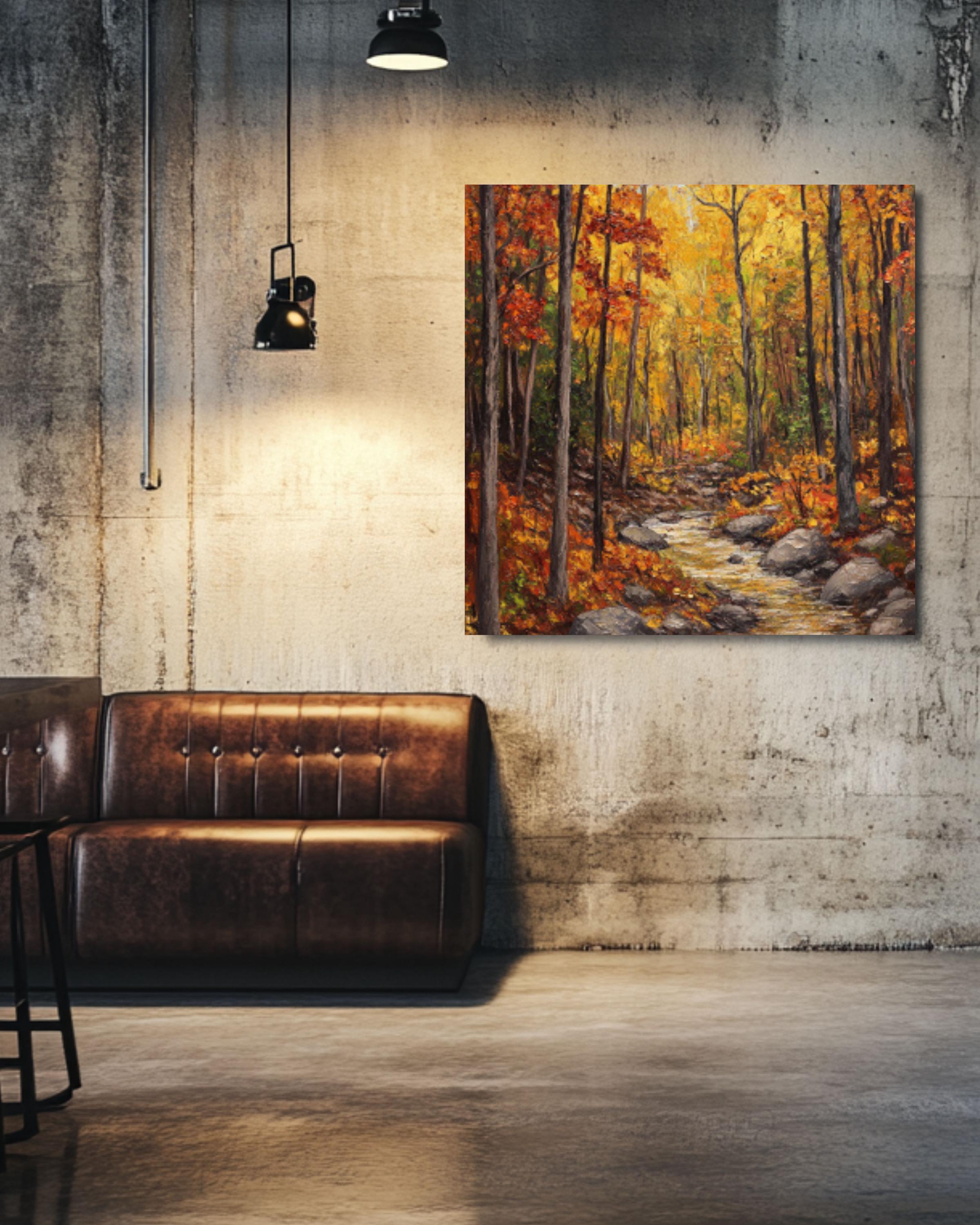 Autumn Forest Stream Oil Painting: Rustic Fall Landscape Art Canvas Wall Art Print – Premium Home Decor