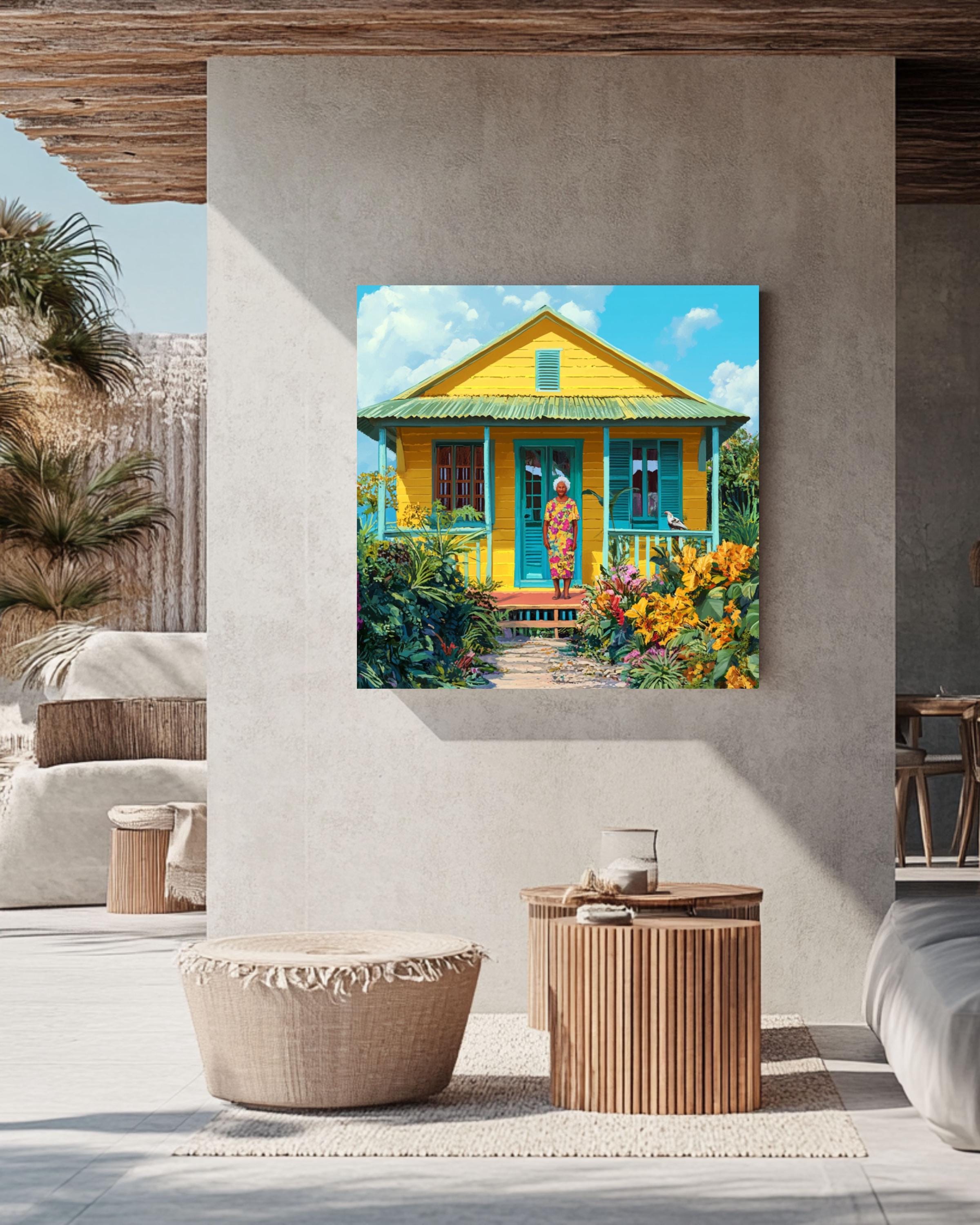 Caribbean Cottage Art: Tropical Island Home Scene - Colorful Print Canvas Wall Art Print – Premium Home Decor