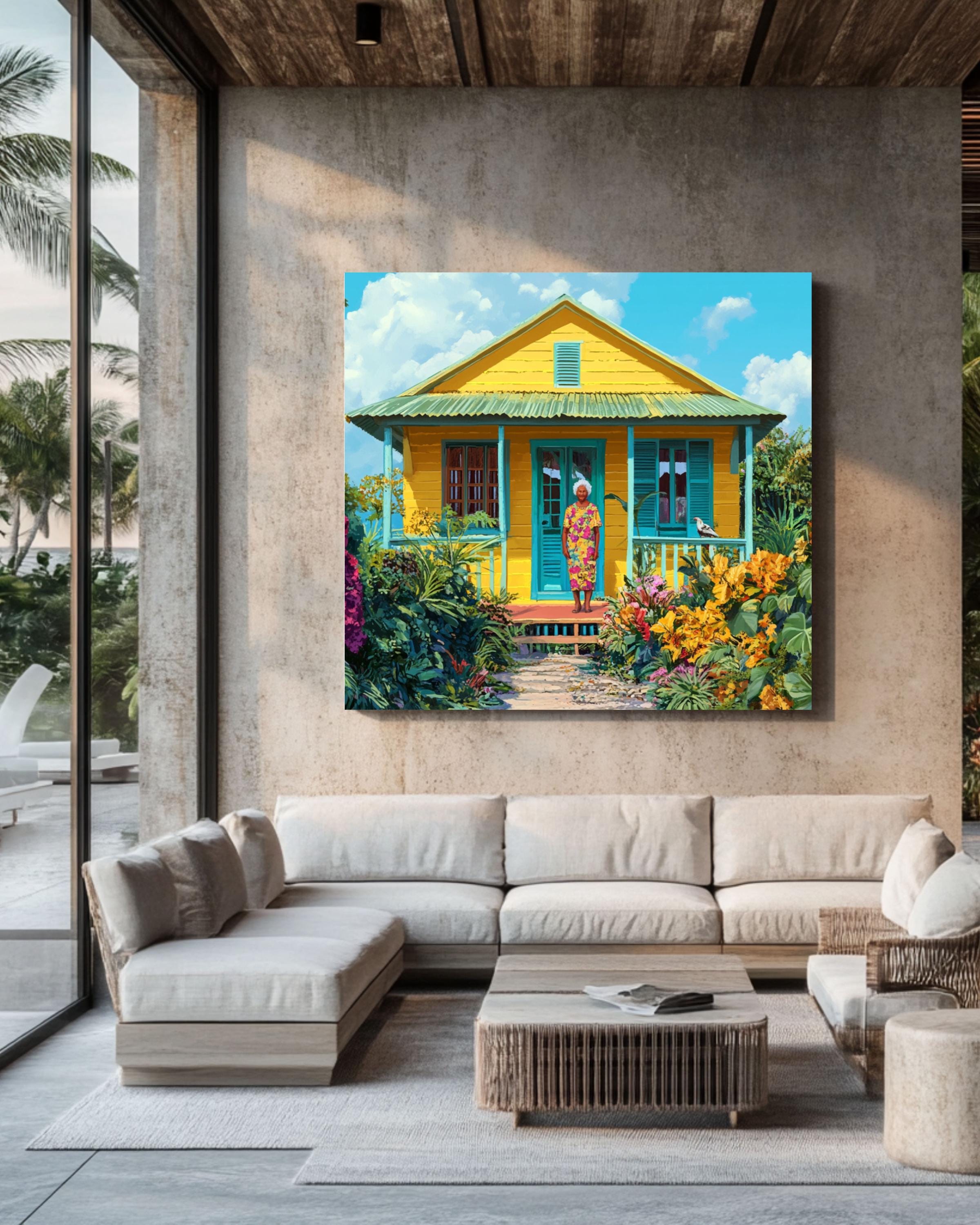 Caribbean Cottage Art: Tropical Island Home Scene - Colorful Print Canvas Wall Art Print – Premium Home Decor