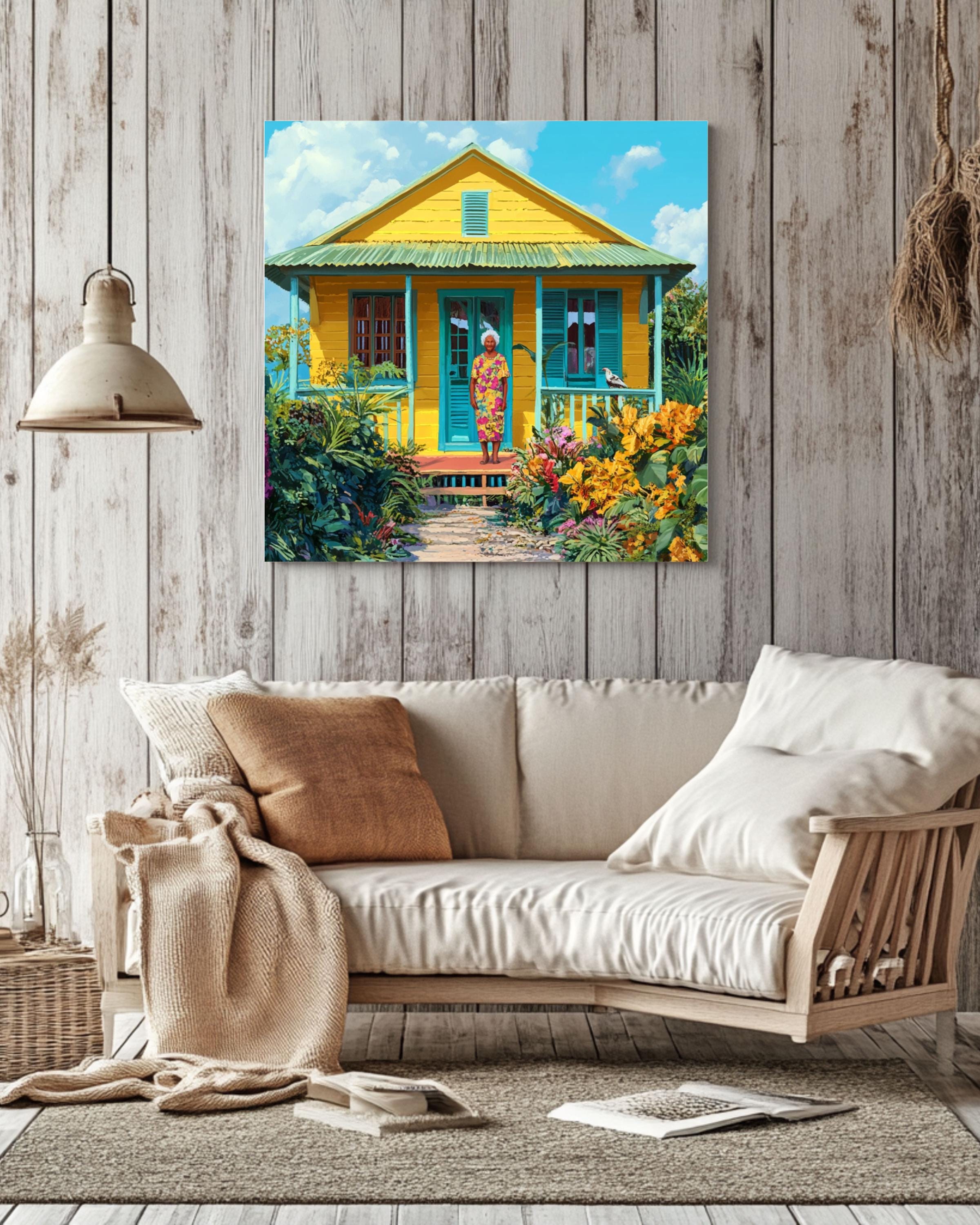 Caribbean Cottage Art: Tropical Island Home Scene - Colorful Print Canvas Wall Art Print – Premium Home Decor