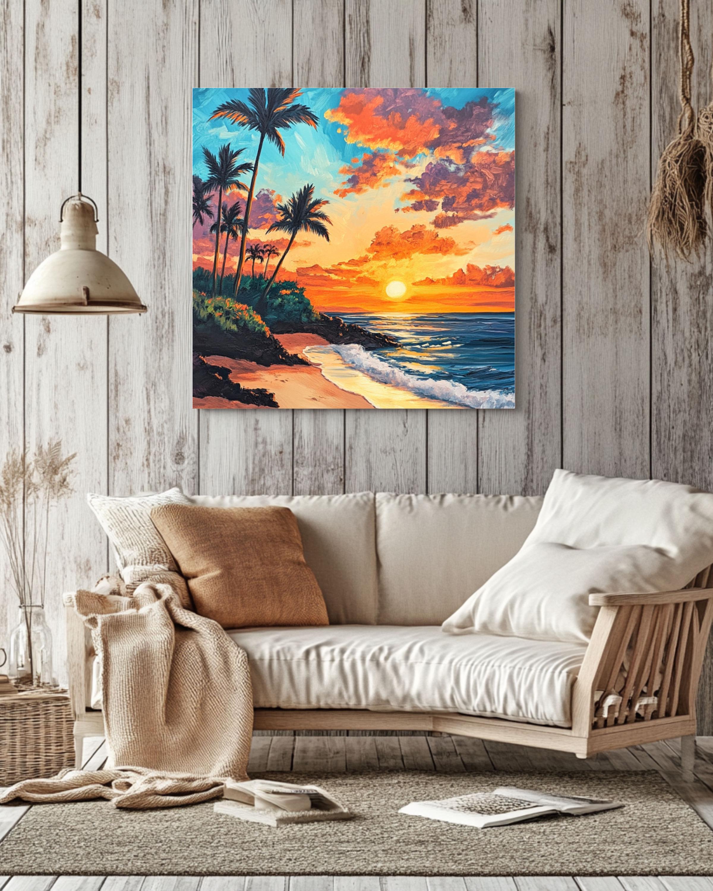 Hawaiian Sunset Beach Print: Acrylic Palm Trees, Coastal Wall Art Canvas Wall Art Print – Premium Home Decor