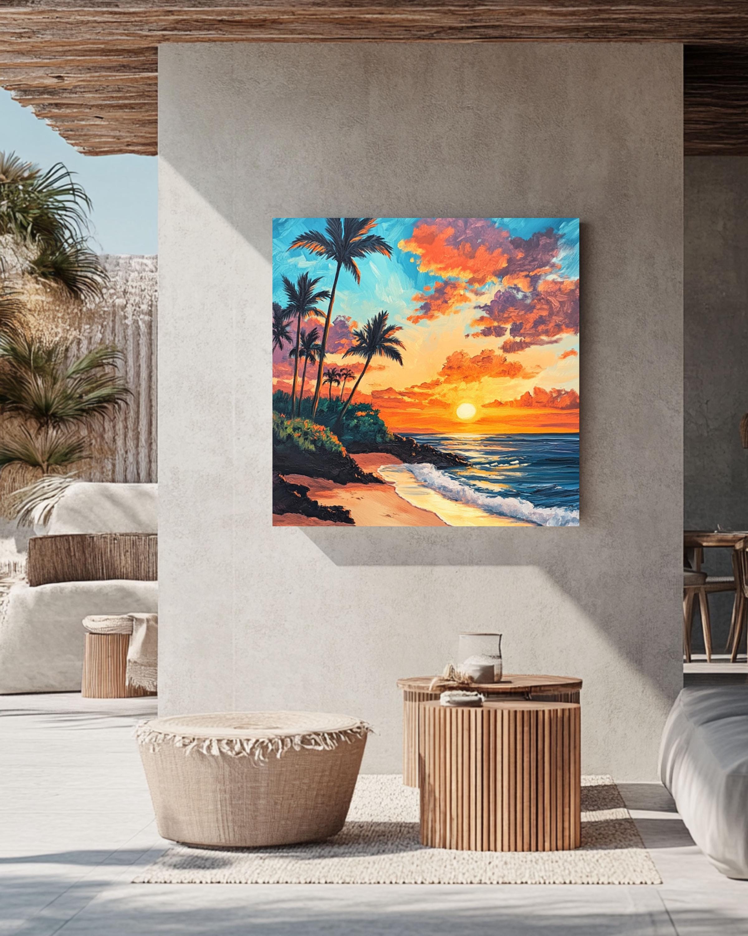 Hawaiian Sunset Beach Print: Acrylic Palm Trees, Coastal Wall Art Canvas Wall Art Print – Premium Home Decor