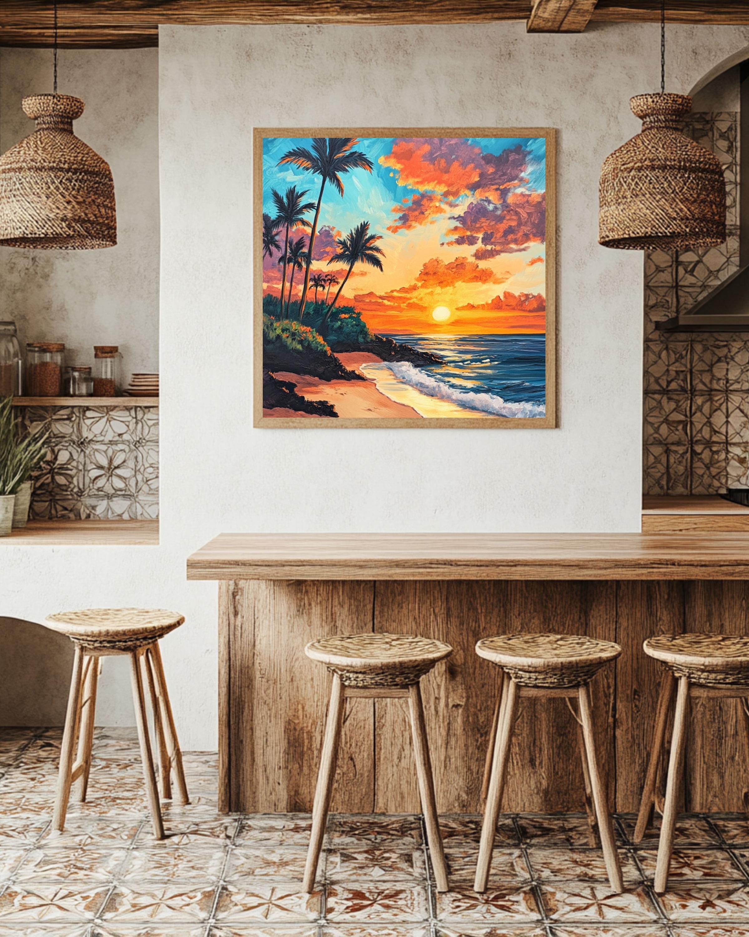 Hawaiian Sunset Beach Print: Acrylic Palm Trees, Coastal Wall Art Canvas Wall Art Print – Premium Home Decor