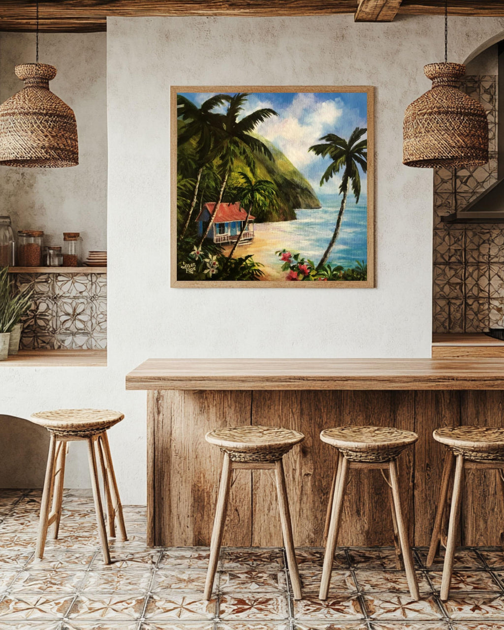 Caribbean Island Beach Art: Tropical Palm Tree Painting, Coastal Decor Canvas Wall Art Print – Premium Home Decor