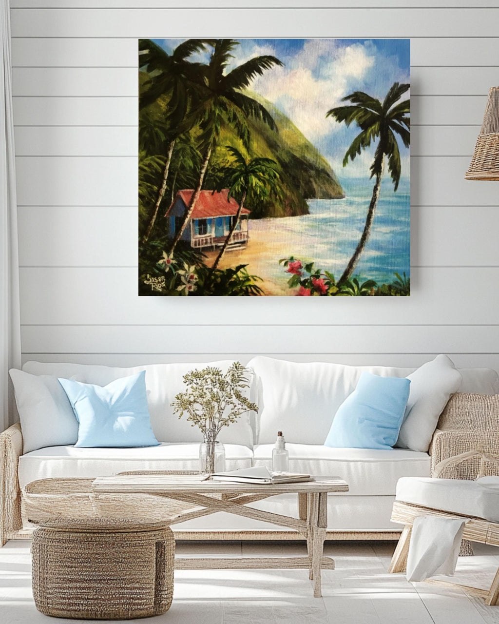 Caribbean Island Beach Art: Tropical Palm Tree Painting, Coastal Decor Canvas Wall Art Print – Premium Home Decor