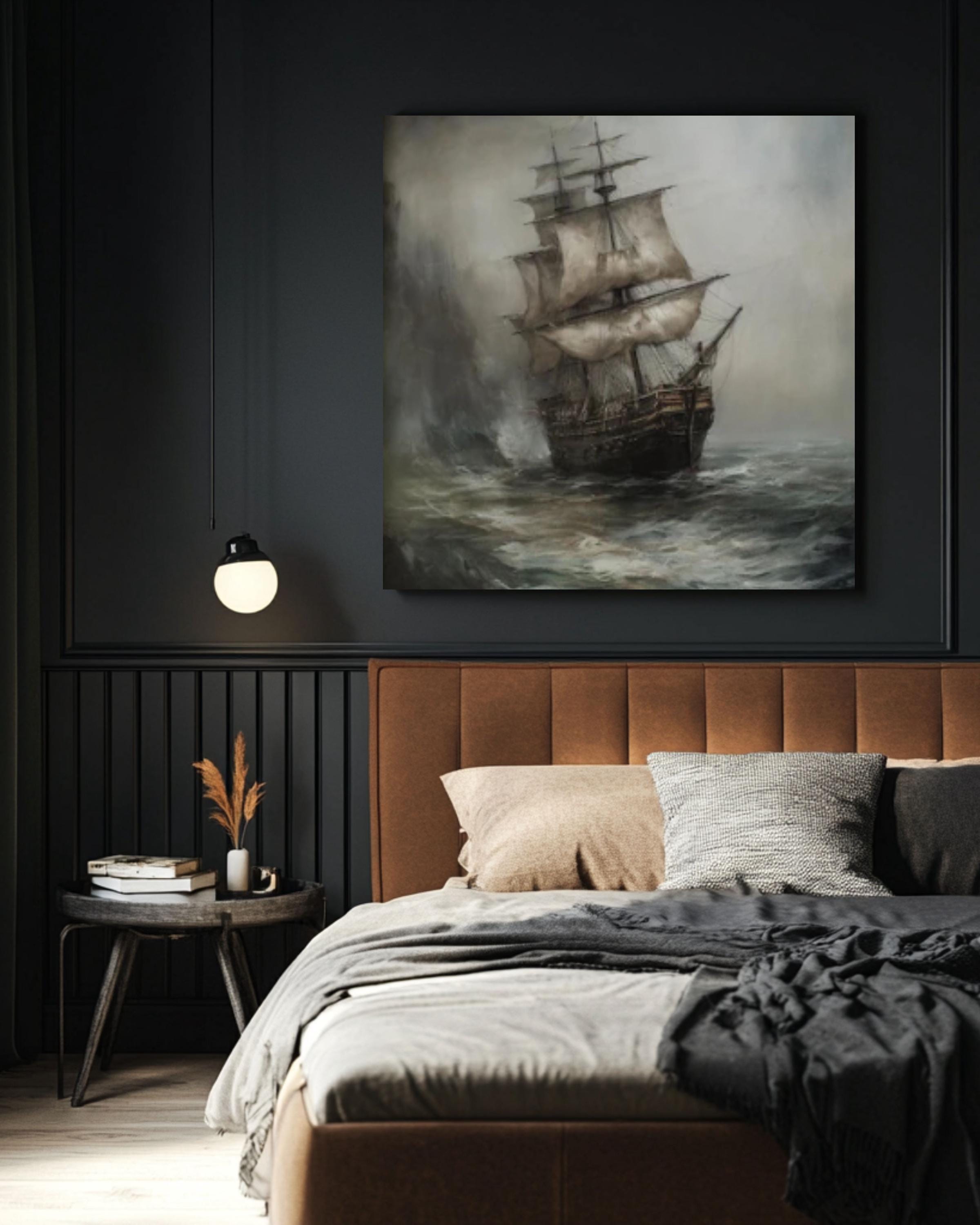 Dark Pirate Ship Art: Moody Stormy Sea Oil Painting Print Canvas Wall Art Print – Premium Home Decor