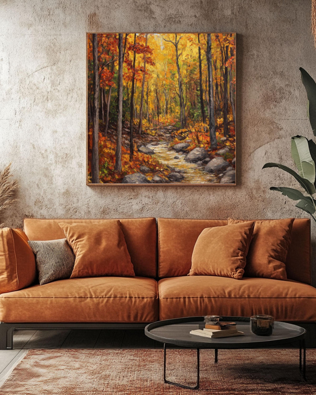 Autumn Forest Stream Oil Painting: Rustic Fall Landscape Art Canvas Wall Art Print – Premium Home Decor
