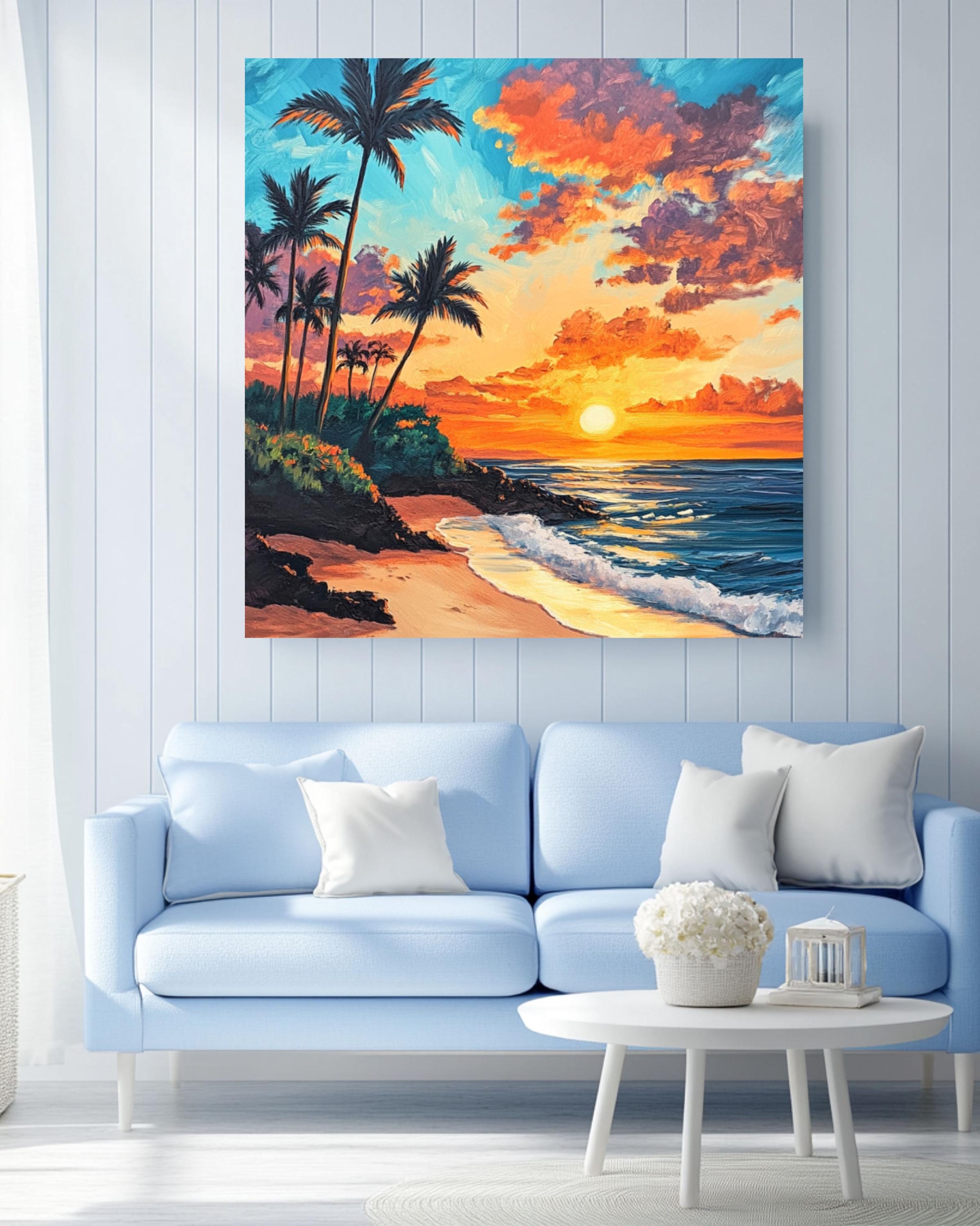 Hawaiian Sunset Beach Print: Acrylic Palm Trees, Coastal Wall Art Canvas Wall Art Print – Premium Home Decor