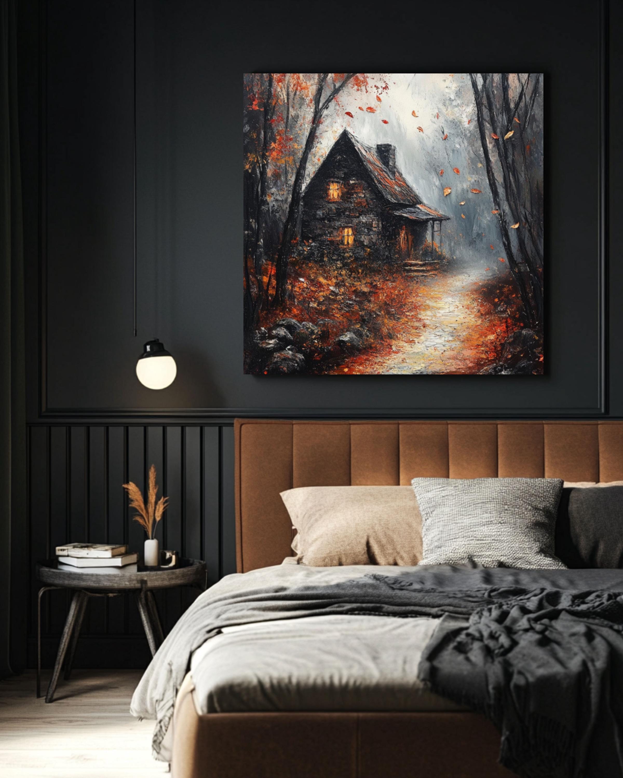 Gothic Autumn Cottage Print: Dark Academia Haunted Fall Scene Canvas Wall Art Print – Premium Home Decor