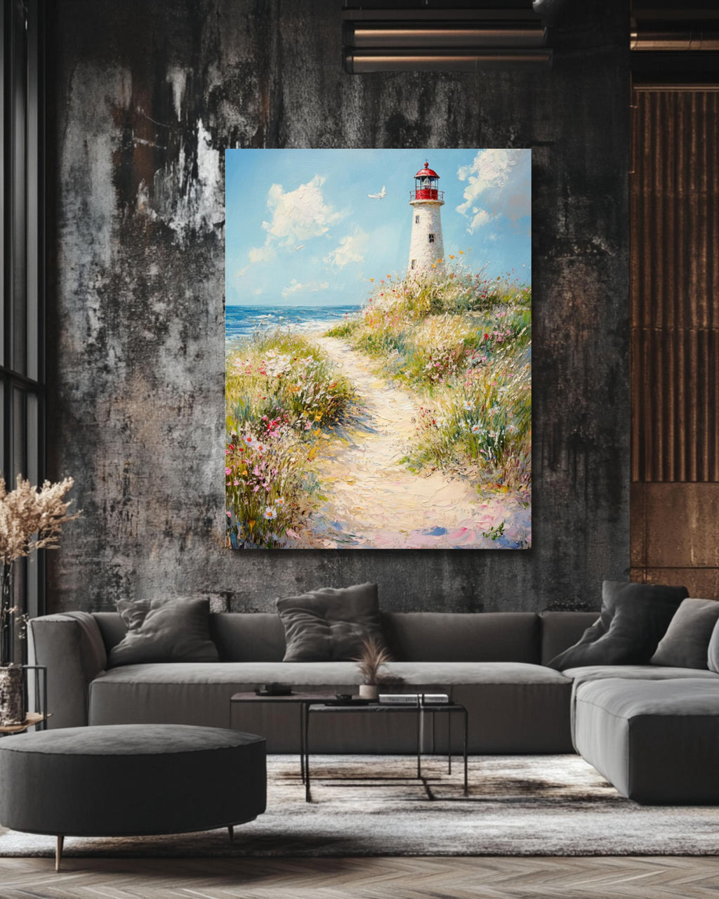 Coastal Lighthouse Print: Seaside Dune Path, Beach Landscape Canvas Wall Art Print – Premium Home Decor