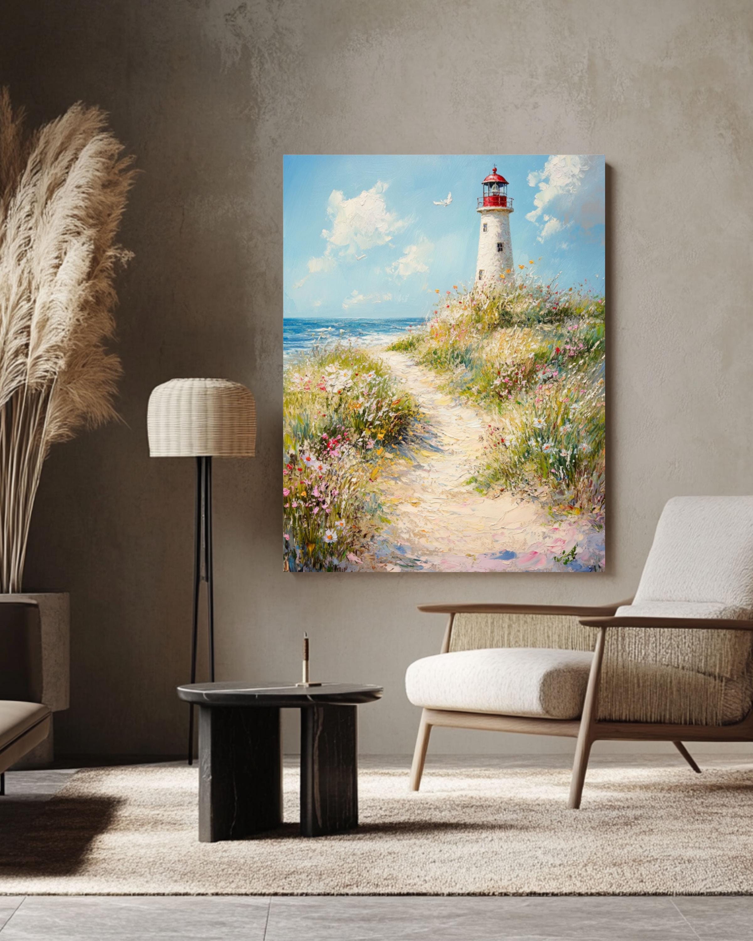 Coastal Lighthouse Print: Seaside Dune Path, Beach Landscape Canvas Wall Art Print – Premium Home Decor