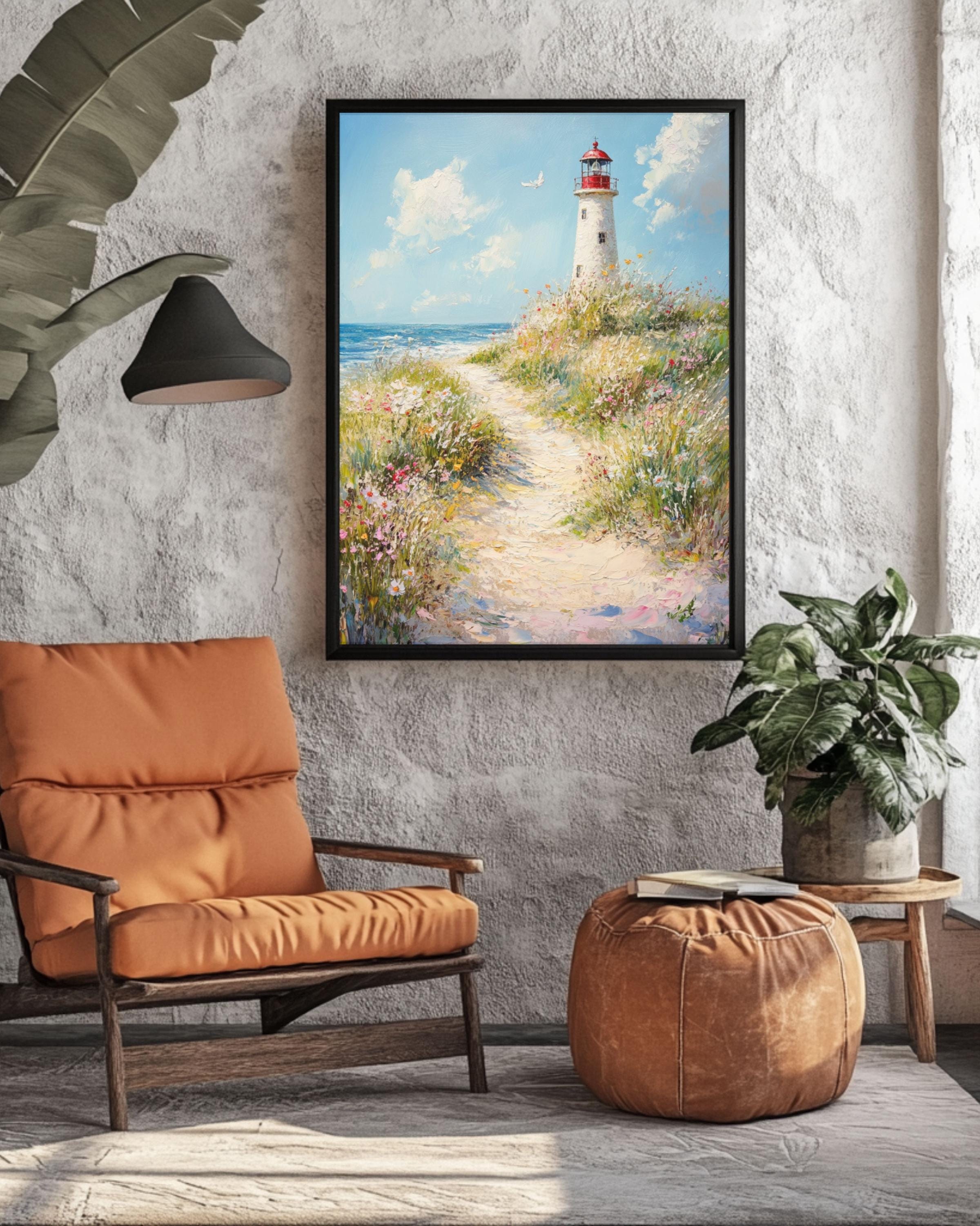 Coastal Lighthouse Print: Seaside Dune Path, Beach Landscape Canvas Wall Art Print – Premium Home Decor