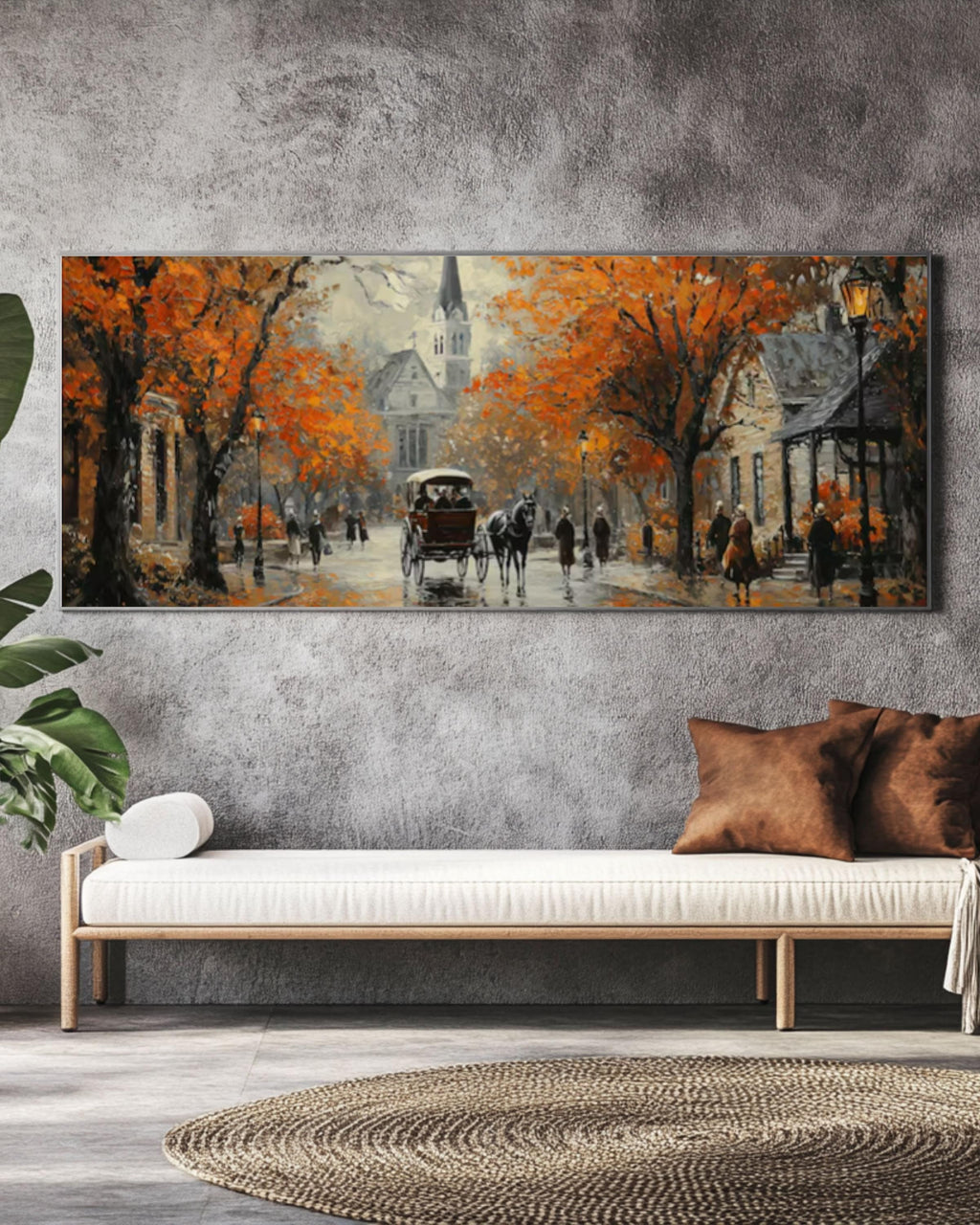 Vintage Autumn City Street Oil Painting: Horse Carriage & Church Canvas Wall Art Print – Premium Home Decor