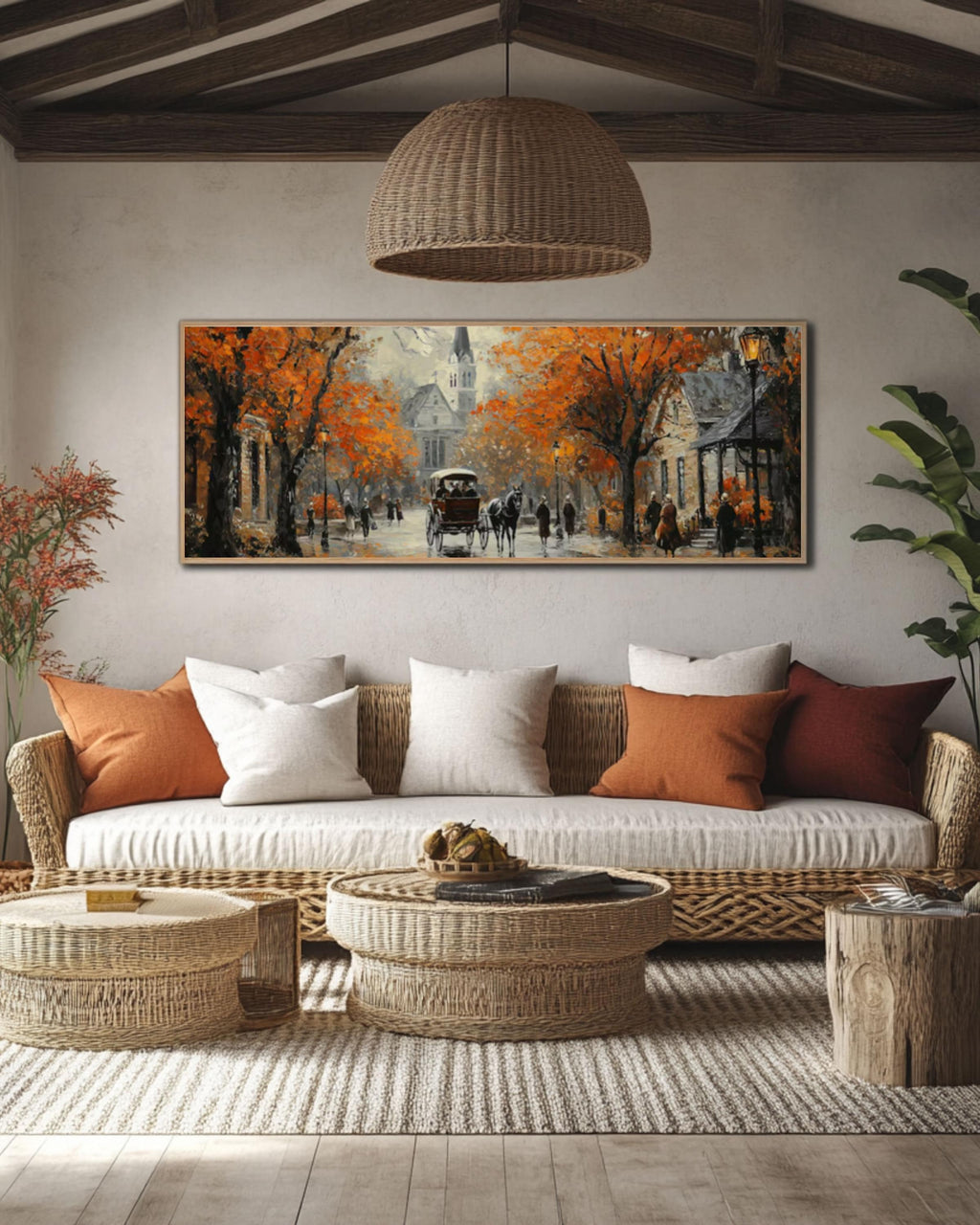 Vintage Autumn City Street Oil Painting: Horse Carriage & Church Canvas Wall Art Print – Premium Home Decor