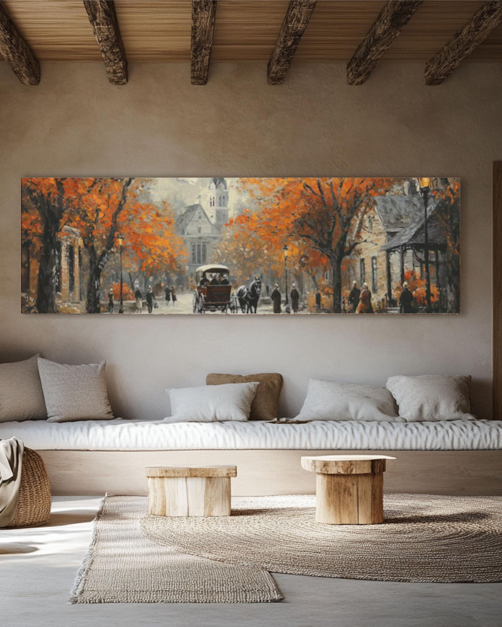 Vintage Autumn City Street Oil Painting: Horse Carriage & Church Canvas Wall Art Print – Premium Home Decor