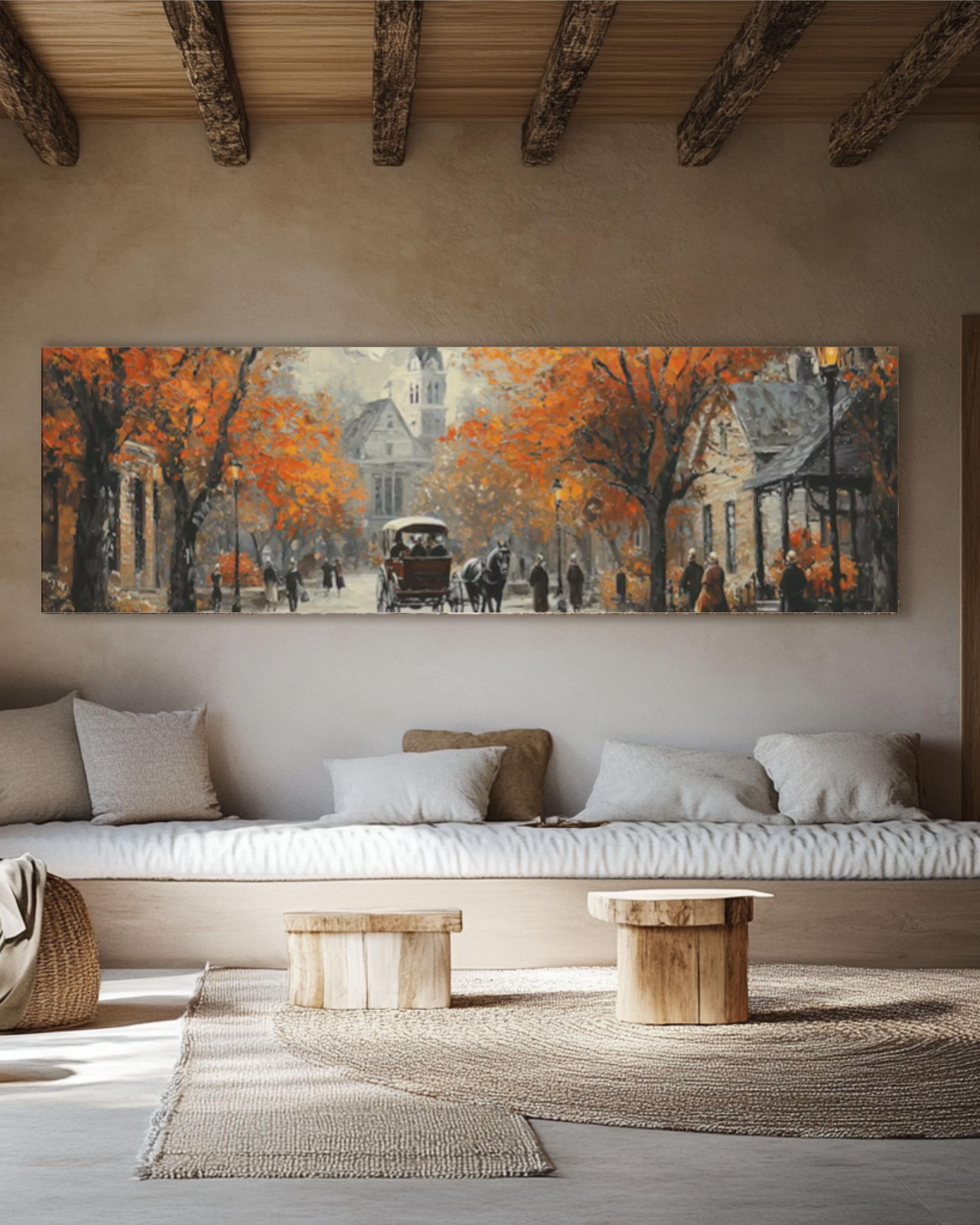 Vintage Autumn City Street Oil Painting: Horse Carriage & Church Canvas Wall Art Print – Premium Home Decor