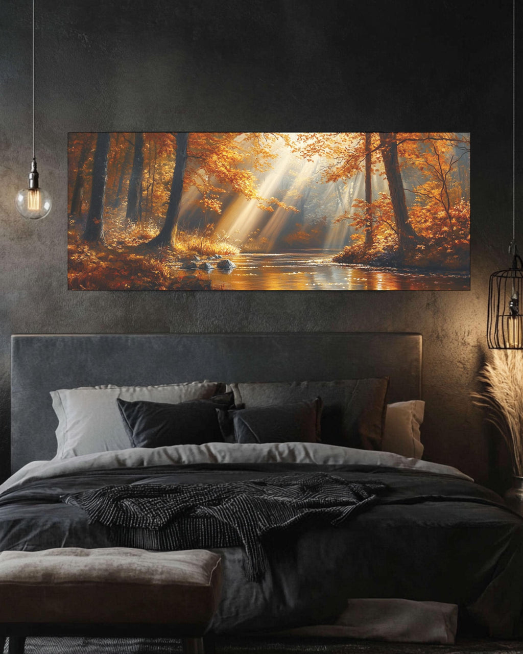 Golden Autumn Forest River Canvas Art: Cinematic Landscape Painting Canvas Wall Art Print – Premium Home Decor