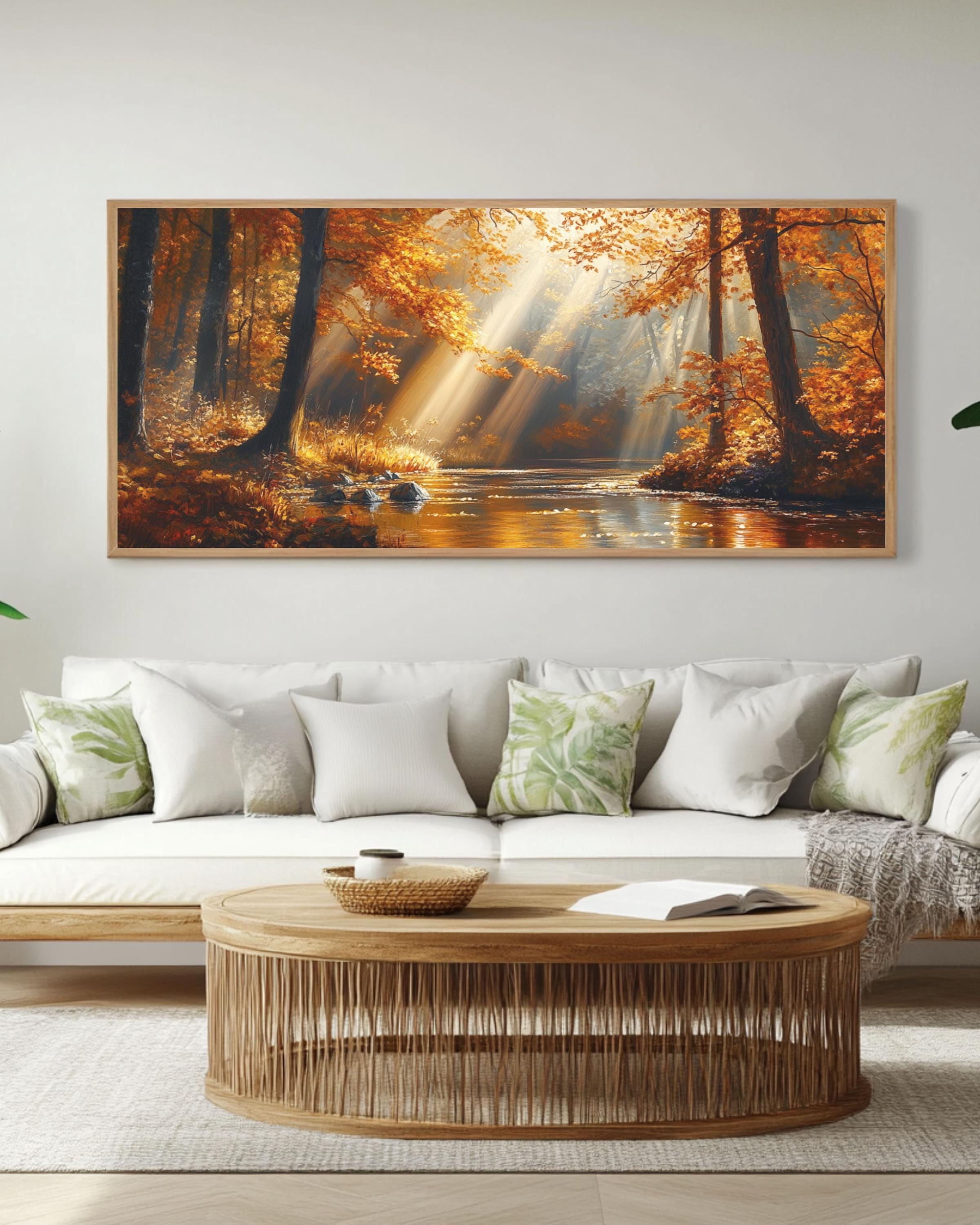 Golden Autumn Forest River Canvas Art: Cinematic Landscape Painting Canvas Wall Art Print – Premium Home Decor