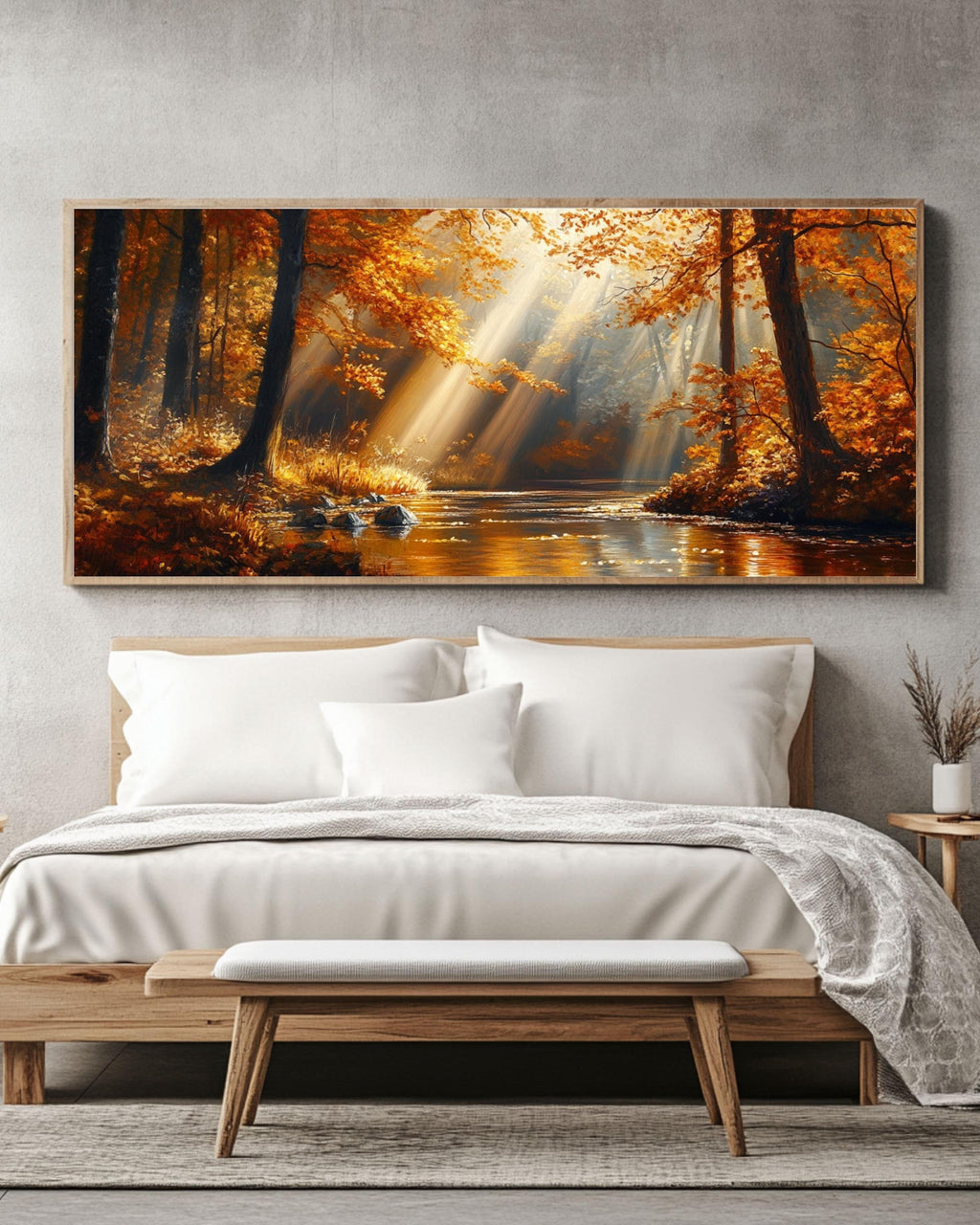 Golden Autumn Forest River Canvas Art: Cinematic Landscape Painting Canvas Wall Art Print – Premium Home Decor