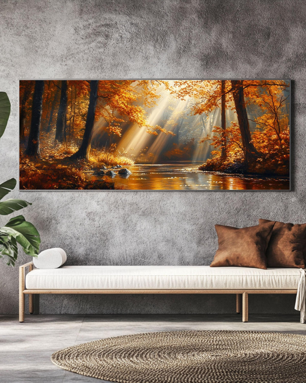 Golden Autumn Forest River Canvas Art: Cinematic Landscape Painting Canvas Wall Art Print – Premium Home Decor