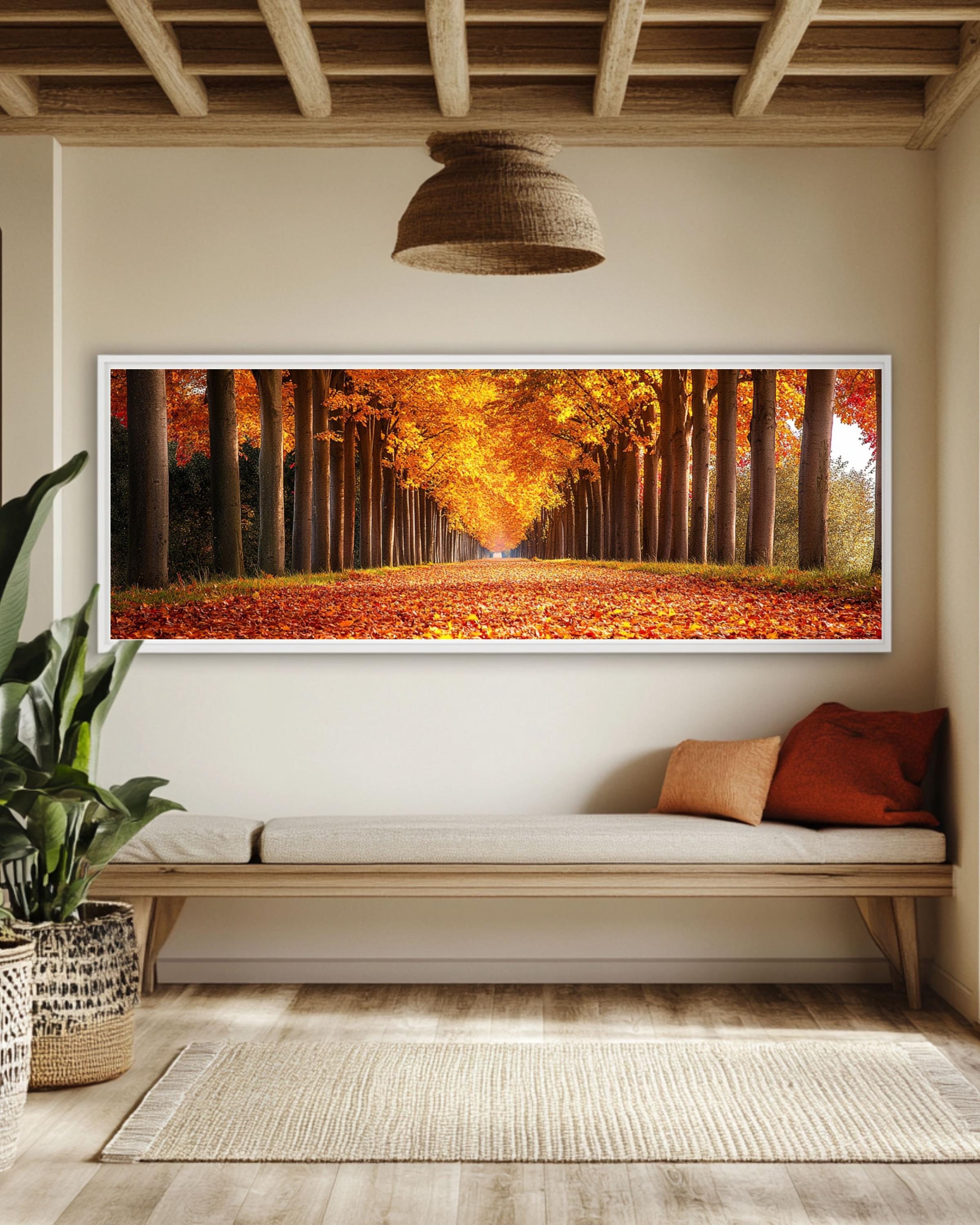 Golden Autumn Tree Alley Photography Print: Fall Foliage Decor Canvas Wall Art Print – Premium Home Decor