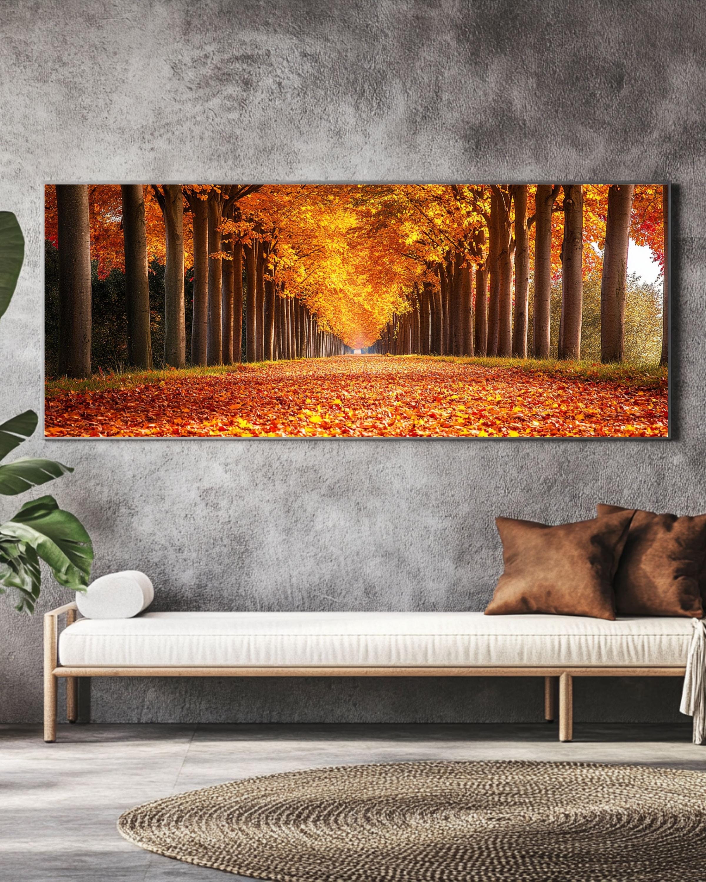 Golden Autumn Tree Alley Photography Print: Fall Foliage Decor Canvas Wall Art Print – Premium Home Decor