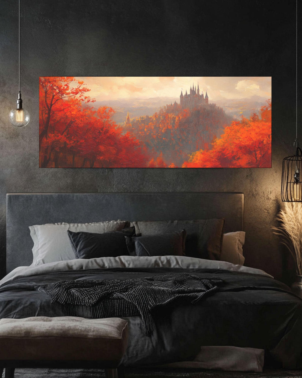 Autumn Castle Art: Red & Orange Forest Landscape Painting Canvas Wall Art – Modern Decor Print