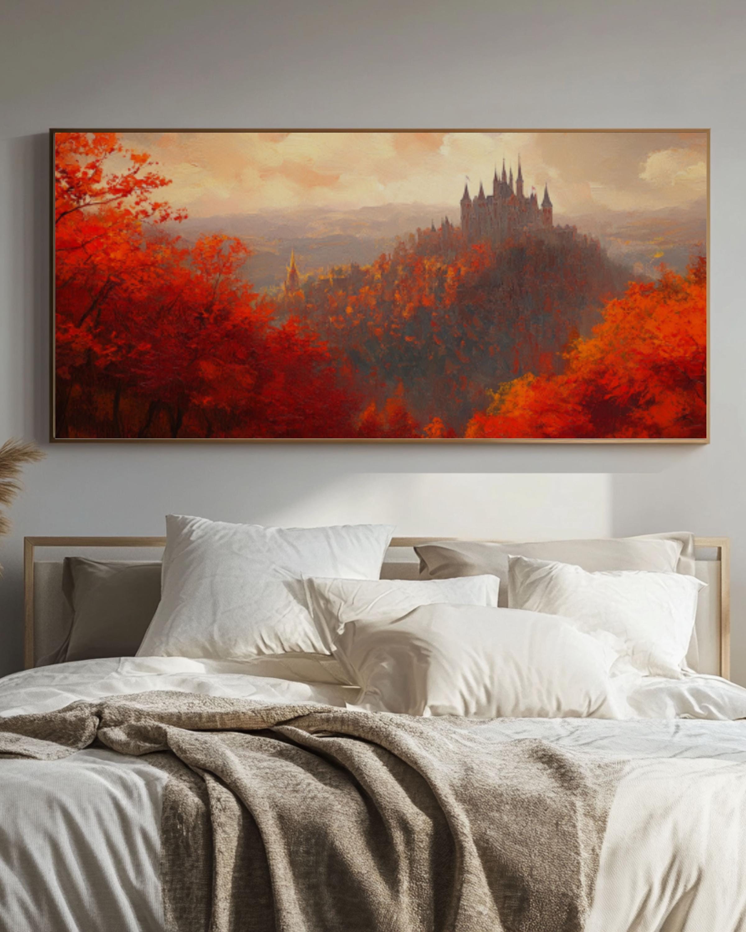 Autumn Castle Art: Red & Orange Forest Landscape Painting Canvas Wall Art – Modern Decor Print
