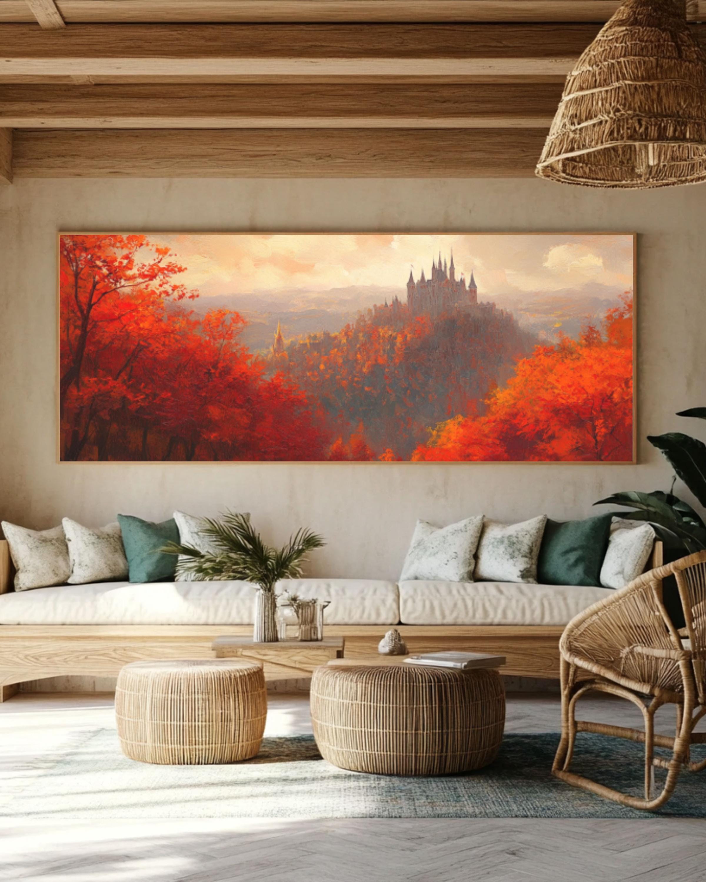 Autumn Castle Art: Red & Orange Forest Landscape Painting Canvas Wall Art – Modern Decor Print