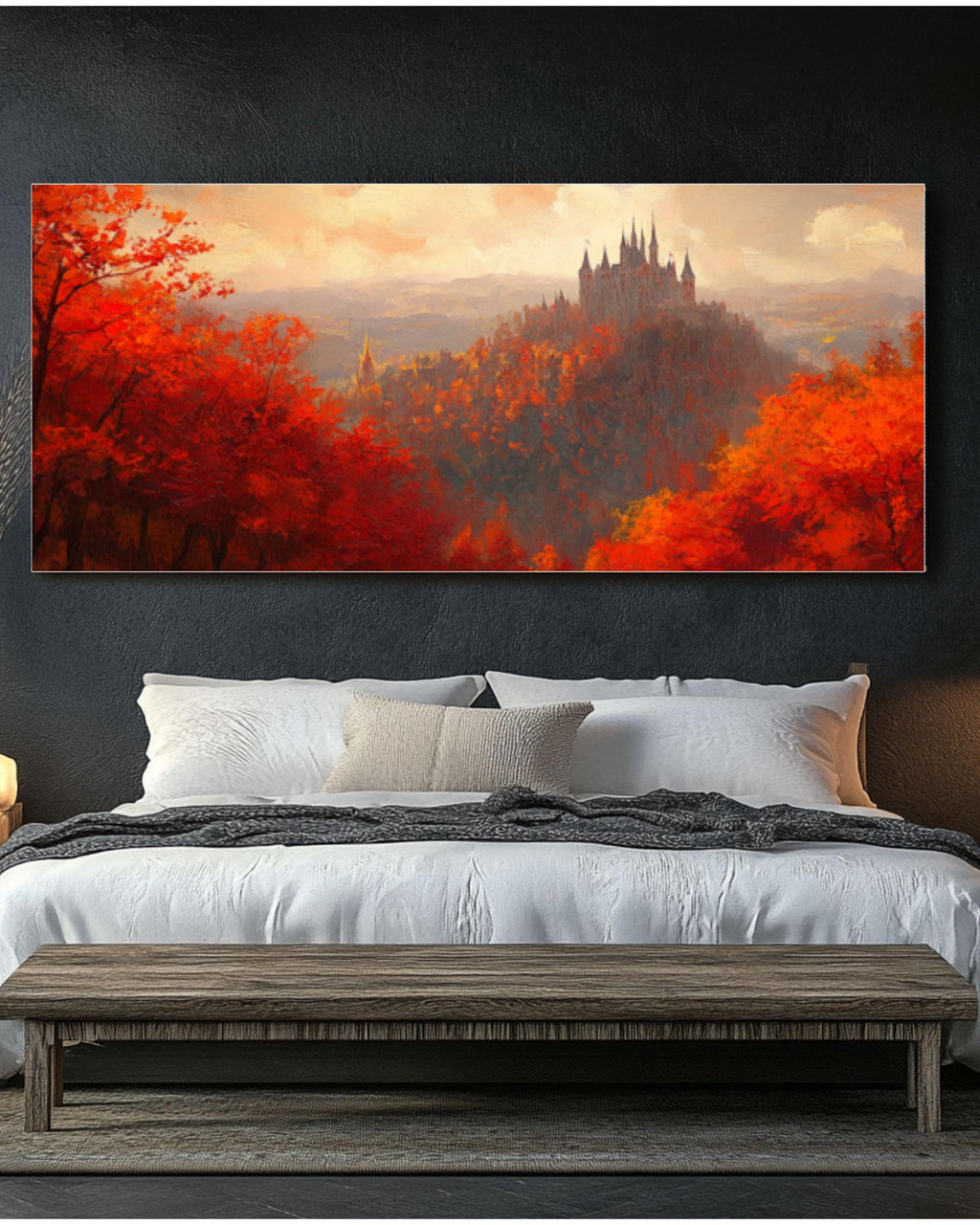 Autumn Castle Art: Red & Orange Forest Landscape Painting Canvas Wall Art – Modern Decor Print