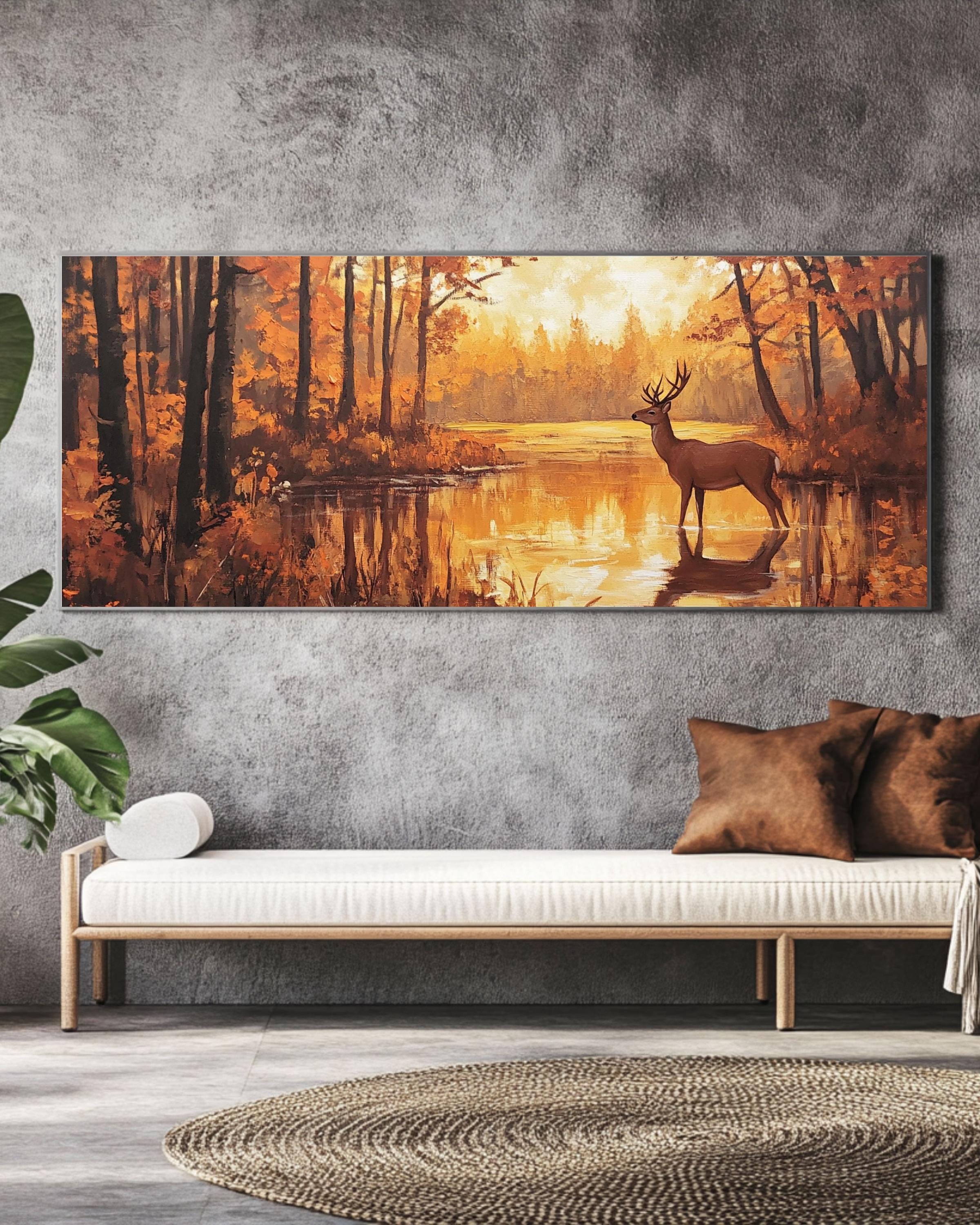 Autumn Deer Canvas Art: Rustic Forest Painting, Golden Hour Light Canvas Wall Art Print – Premium Home Decor