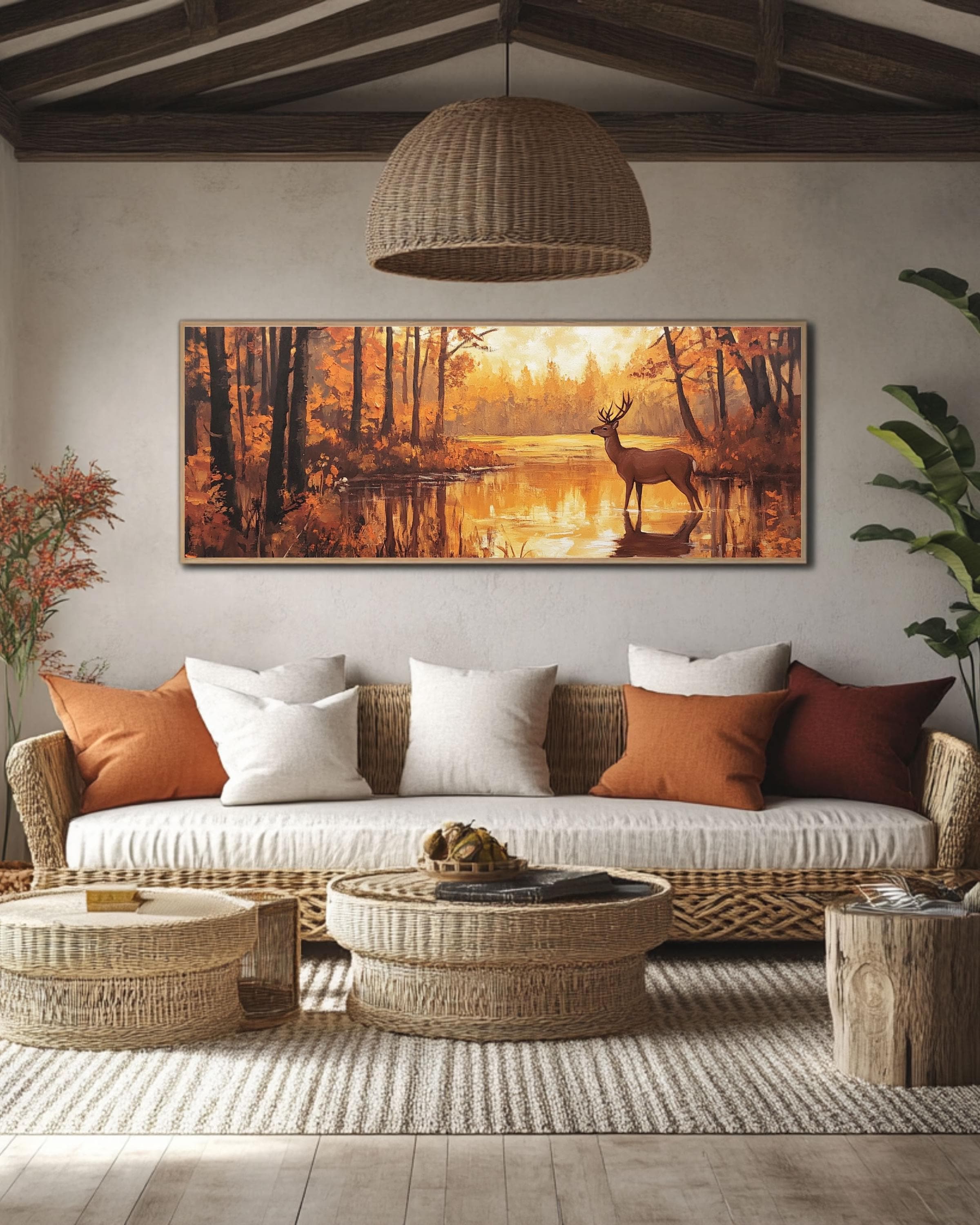 Autumn Deer Canvas Art: Rustic Forest Painting, Golden Hour Light Canvas Wall Art Print – Premium Home Decor