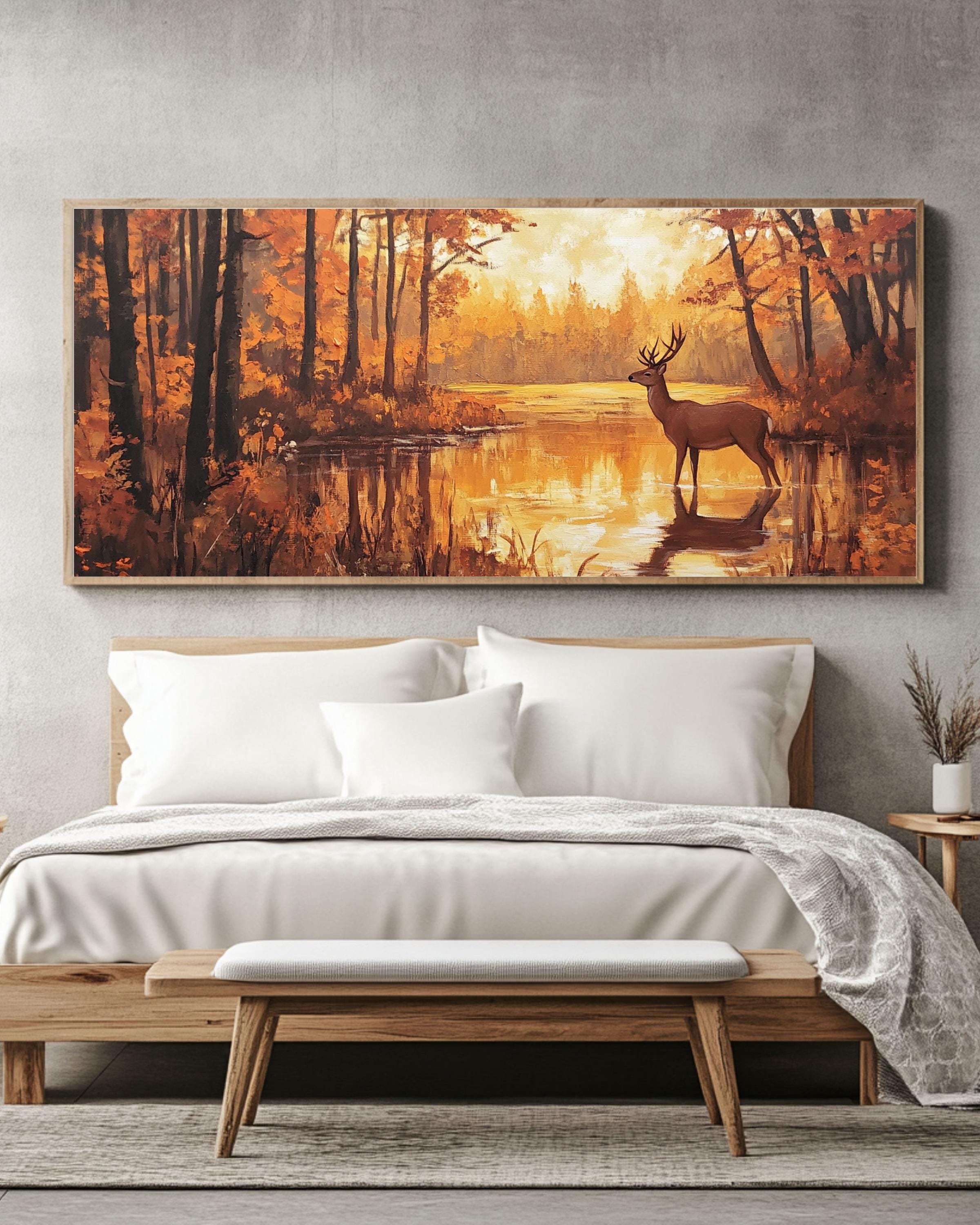 Autumn Deer Canvas Art: Rustic Forest Painting, Golden Hour Light Canvas Wall Art Print – Premium Home Decor