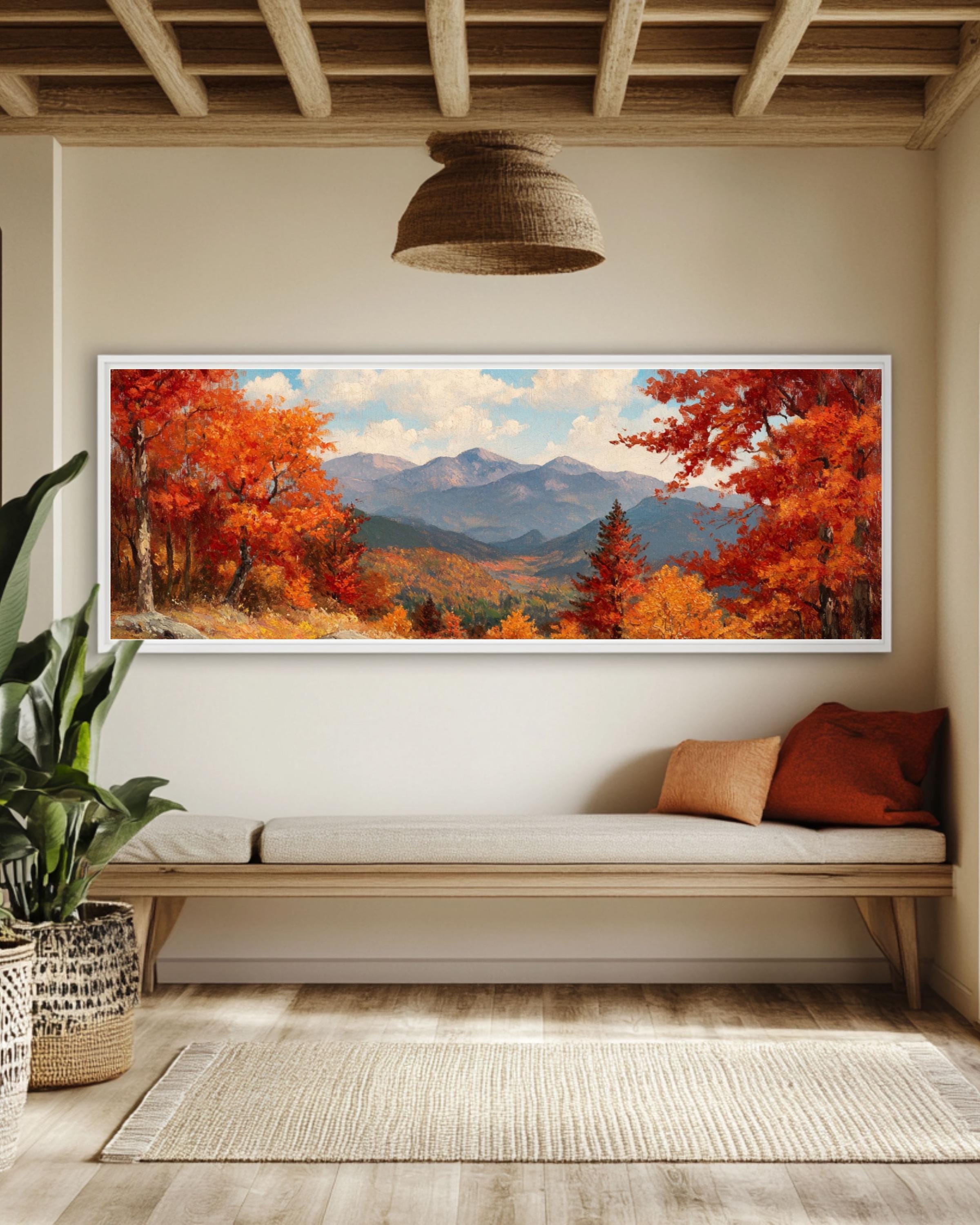 Vintage Autumn Landscape Art: Mountain View Oil Painting Style Canvas Wall Art – Modern Decor Print
