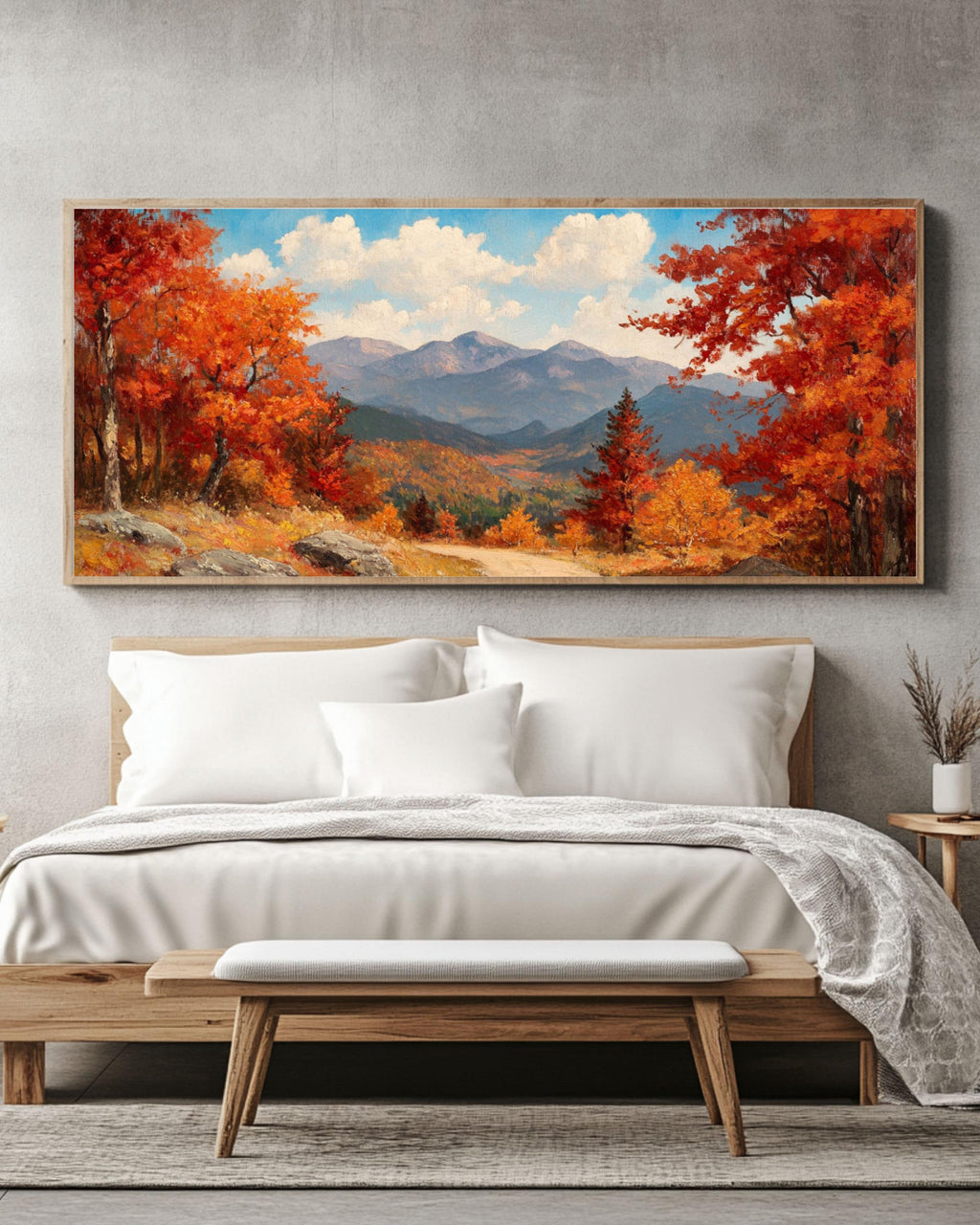 Vintage Autumn Landscape Art: Mountain View Oil Painting Style Canvas Wall Art – Modern Decor Print