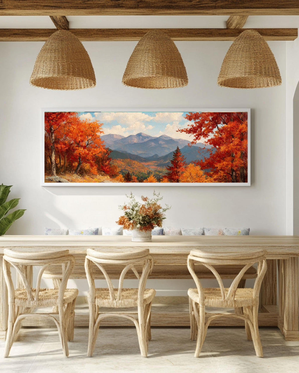 Vintage Autumn Landscape Art: Mountain View Oil Painting Style Canvas Wall Art – Modern Decor Print