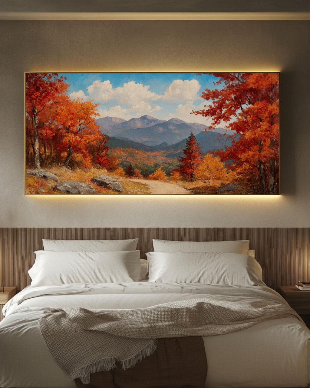 Vintage Autumn Landscape Art: Mountain View Oil Painting Style Canvas Wall Art – Modern Decor Print
