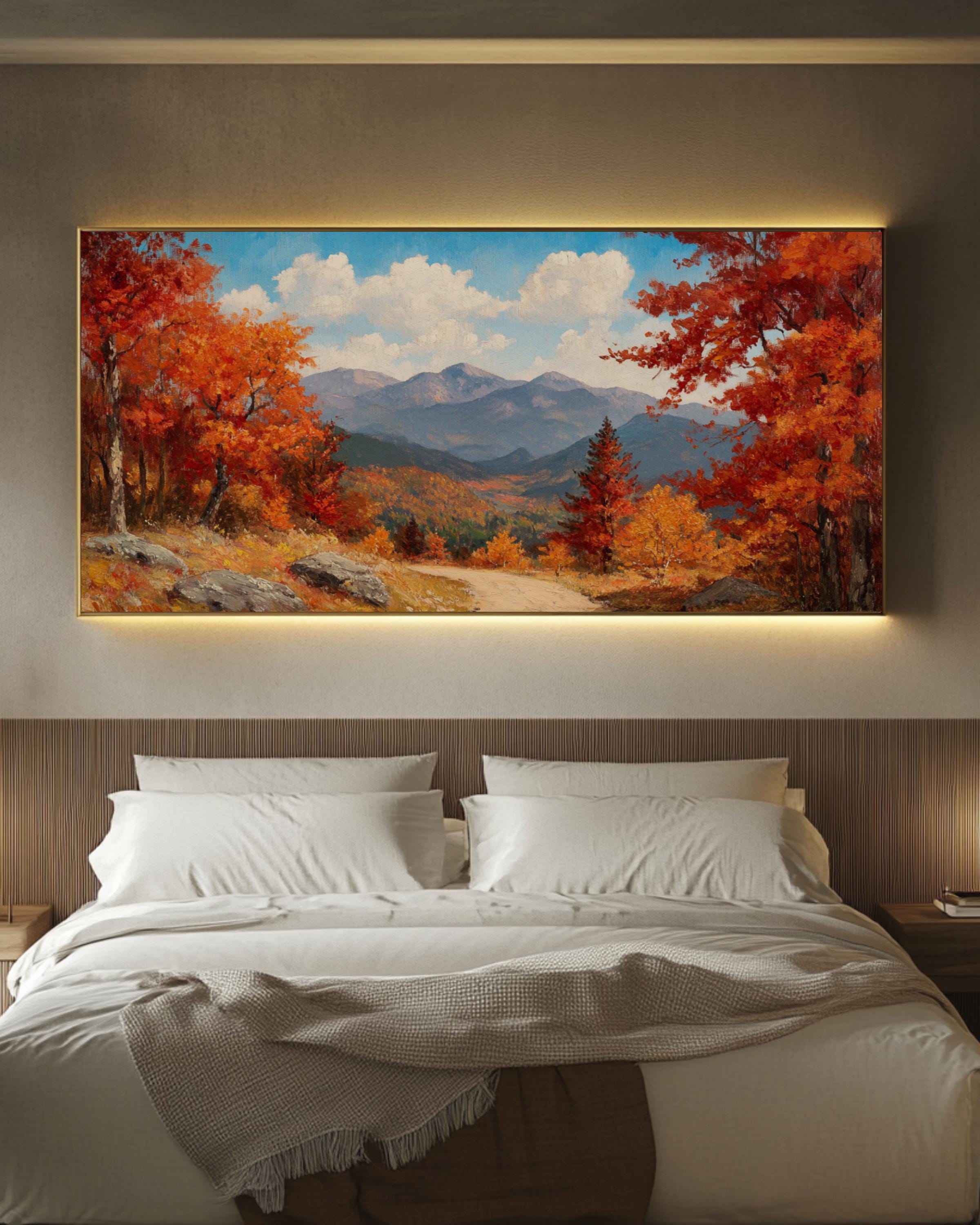 Vintage Autumn Landscape Art: Mountain View Oil Painting Style Canvas Wall Art – Modern Decor Print