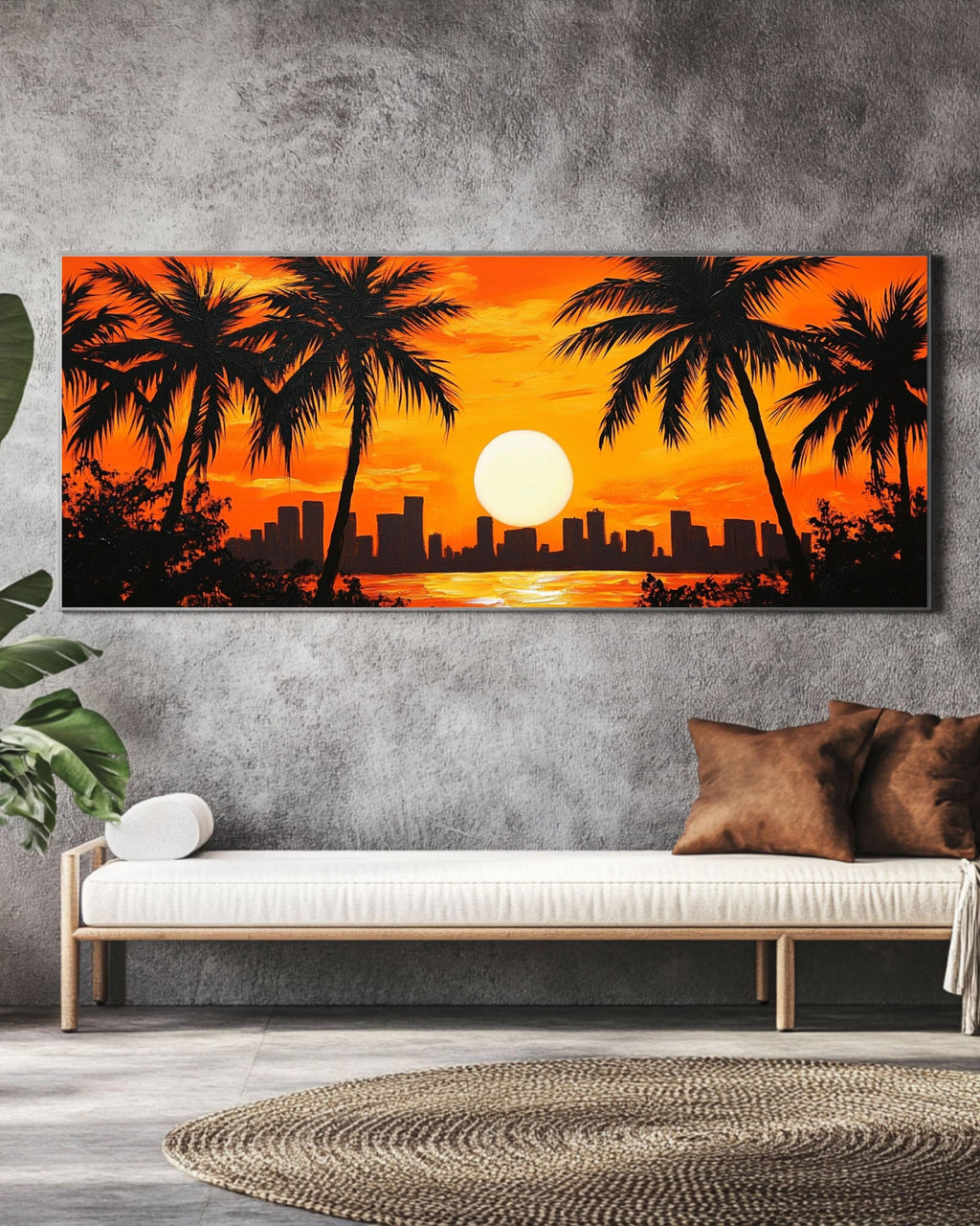 Sunset Palm Tree Canvas Print: Tropical Twilight Cityscape Wall Art Canvas Wall Art Print – Premium Home Decor