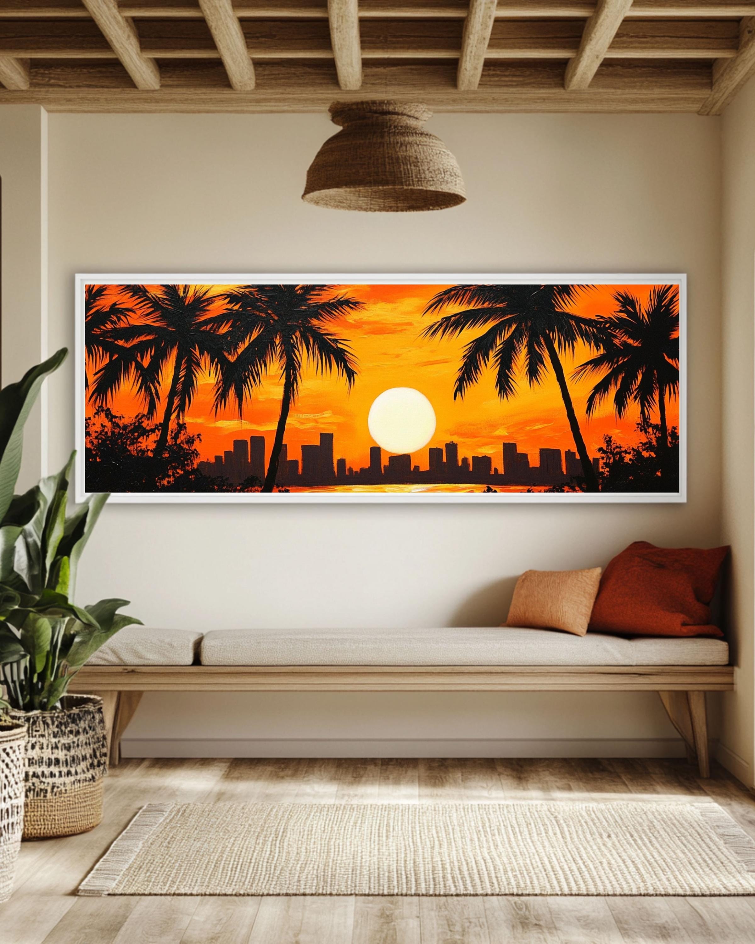 Sunset Palm Tree Canvas Print: Tropical Twilight Cityscape Wall Art Canvas Wall Art Print – Premium Home Decor